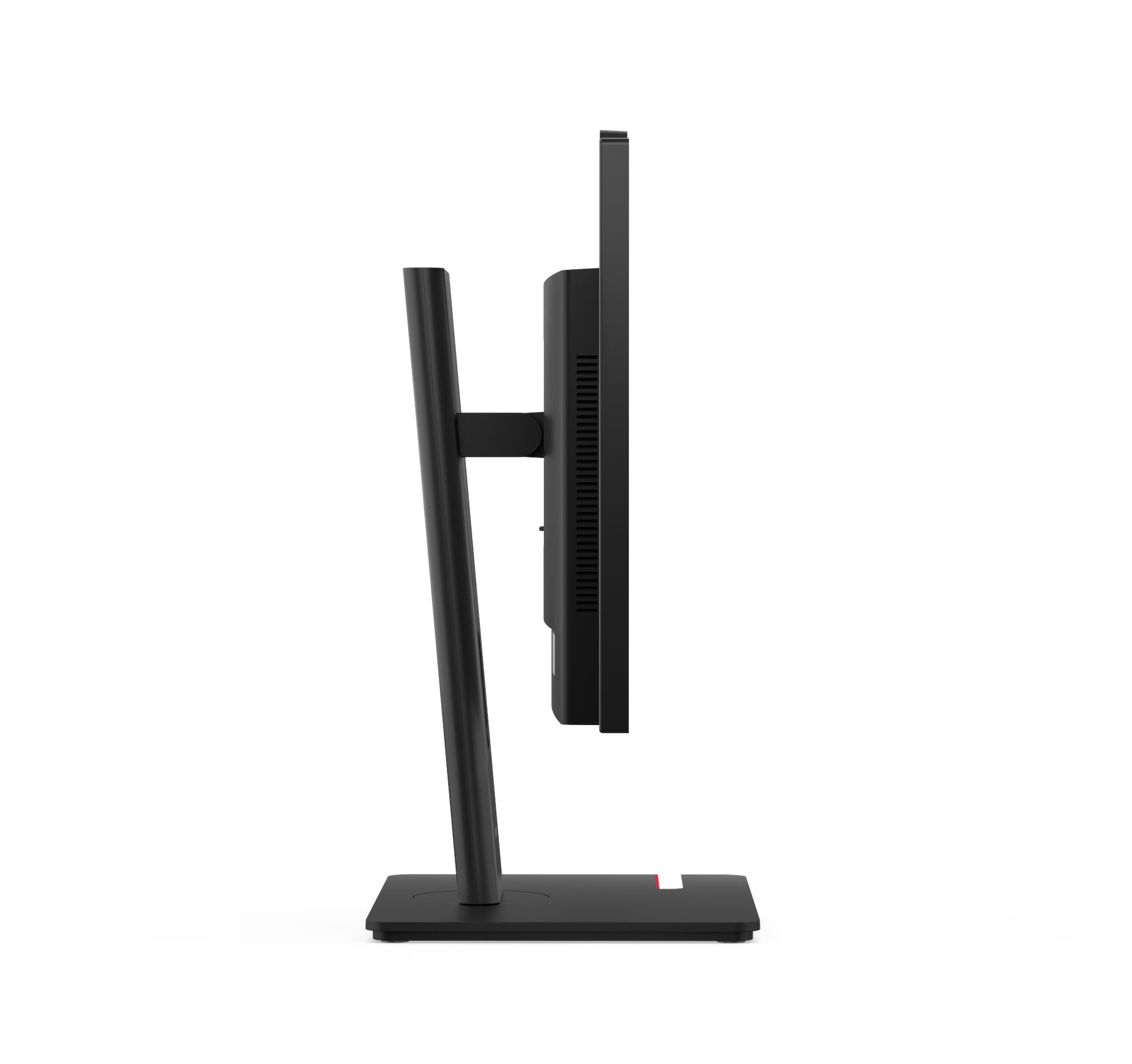 Vista laterale di un monitor nero su supporto con sfondo bianco.