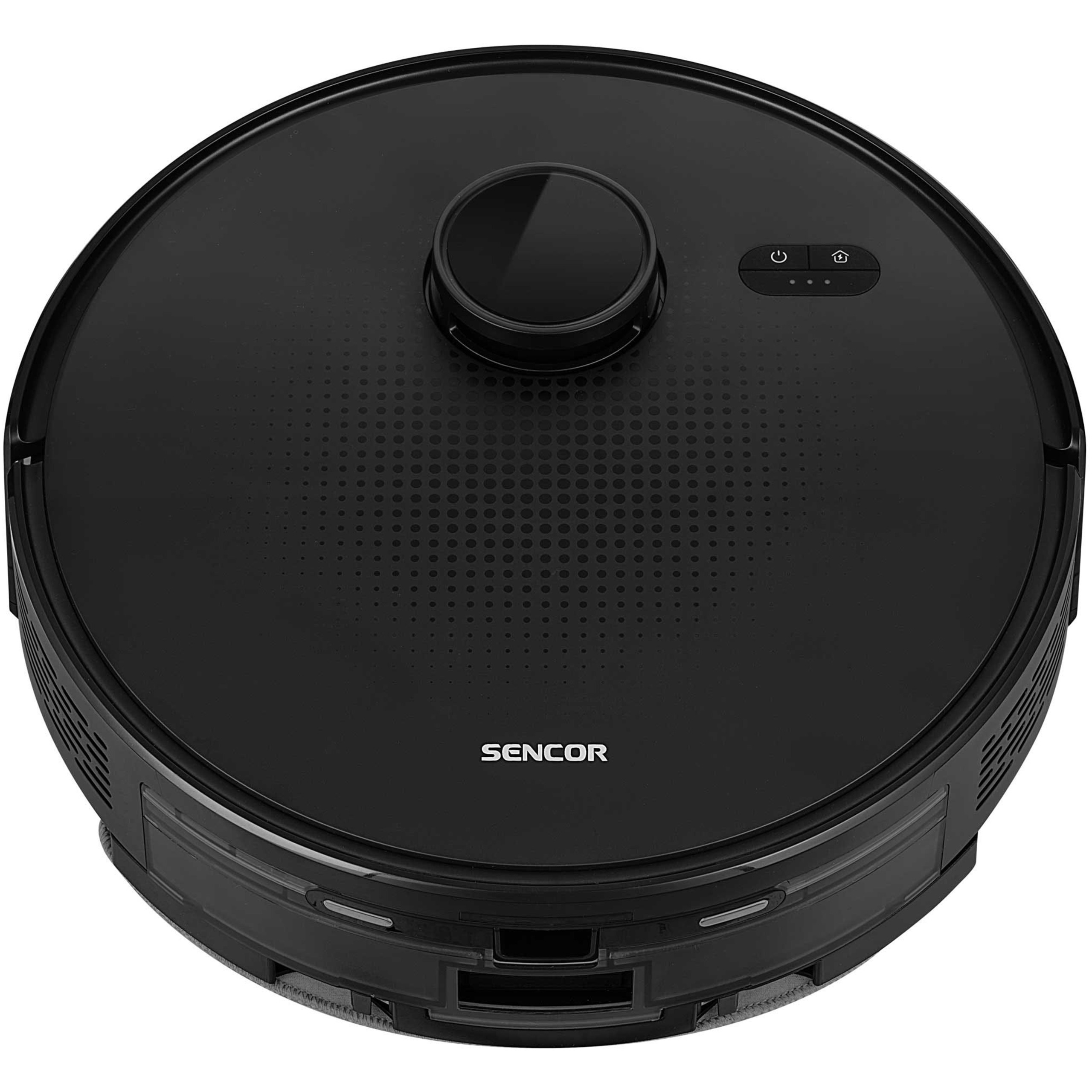 Un robot aspirador Sencor negro y redondo visto desde arriba con sensor láser y botones.