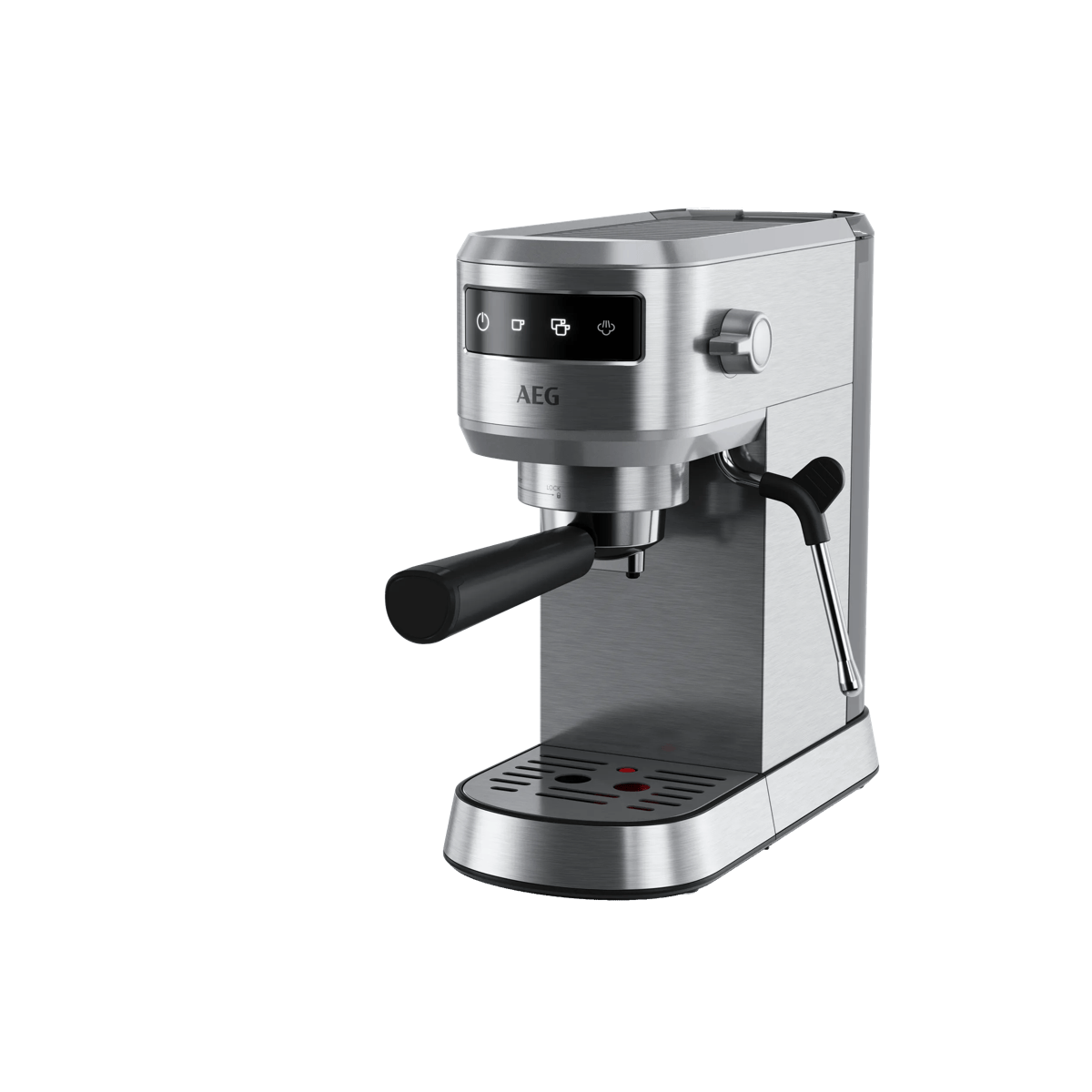 Una cafetera espresso AEG de acero inoxidable con portafiltro negro y vaporizador sobre fondo blanco.
