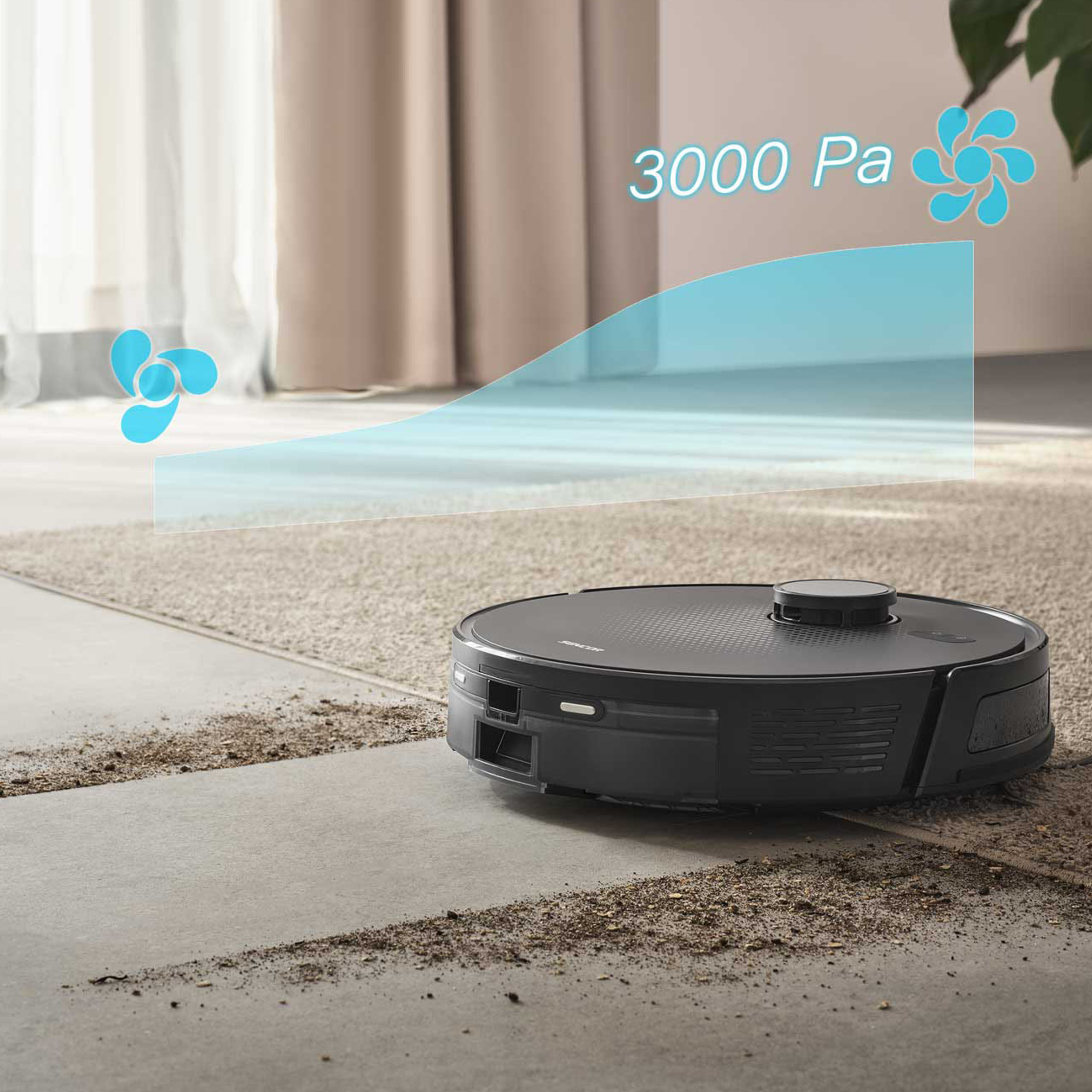 Un robot aspirador negro limpia una habitación con alfombra y suelo.