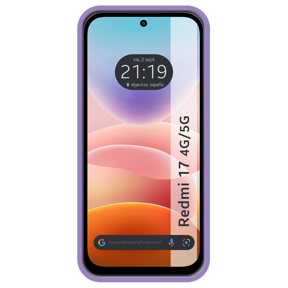 Un smartphone en funda morada muestra fondo colorido, widget de reloj y texto vertical Redmi 17 4G/5G.