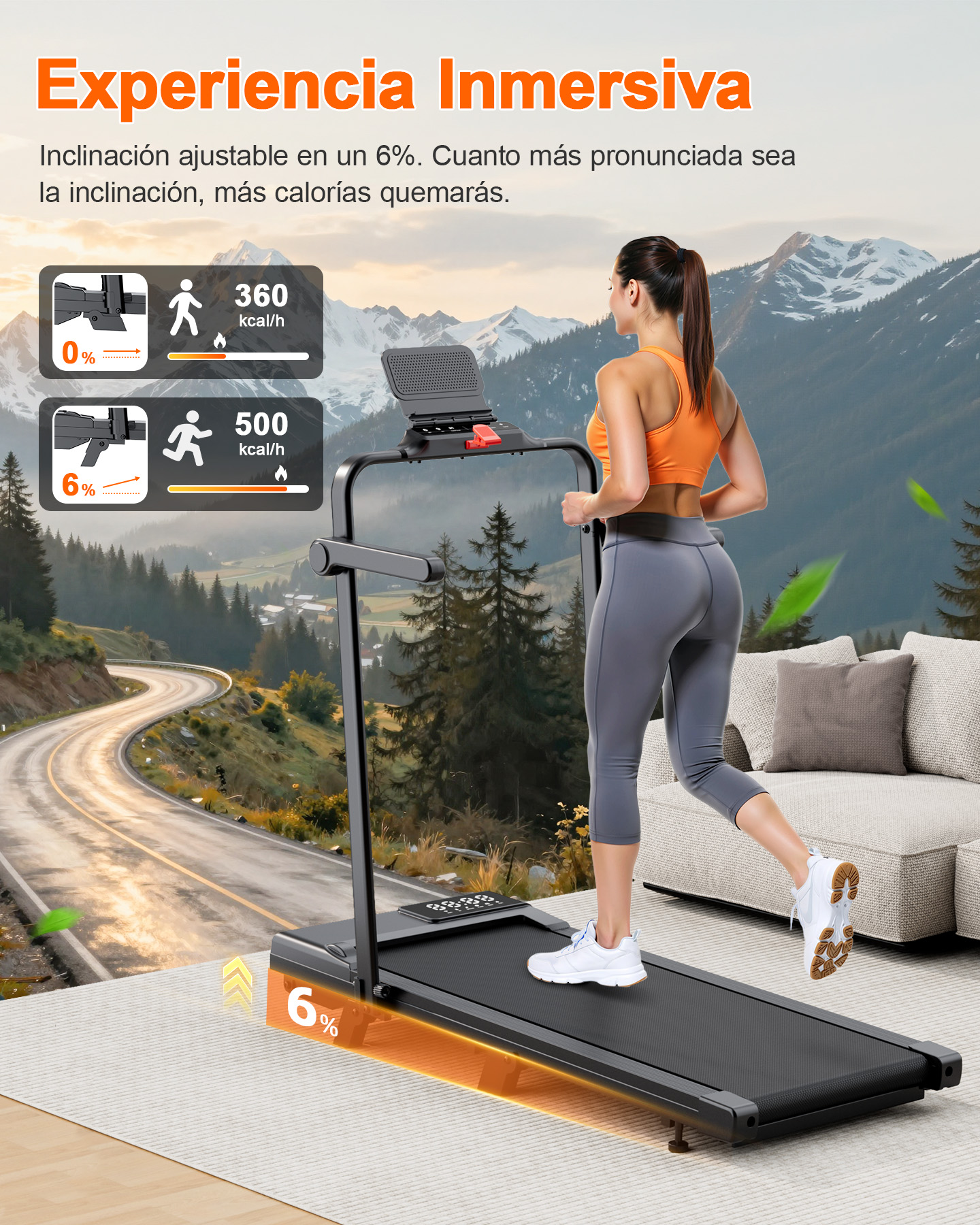 Una mujer corre en una caminadora frente a un telón de fondo montañoso.