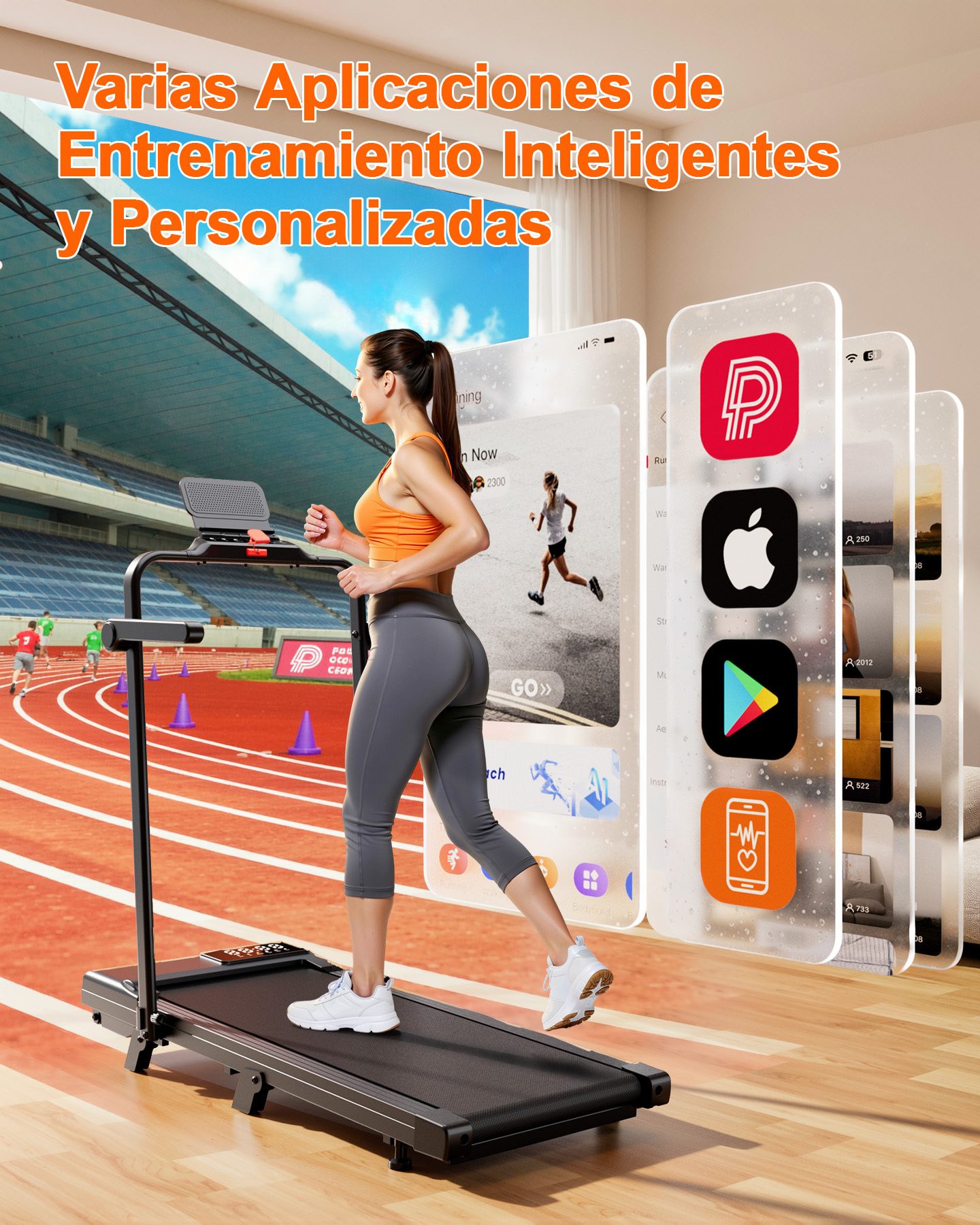 Una mujer corre en una caminadora frente a un estadio con gráficos de aplicaciones de fitness transparentes.