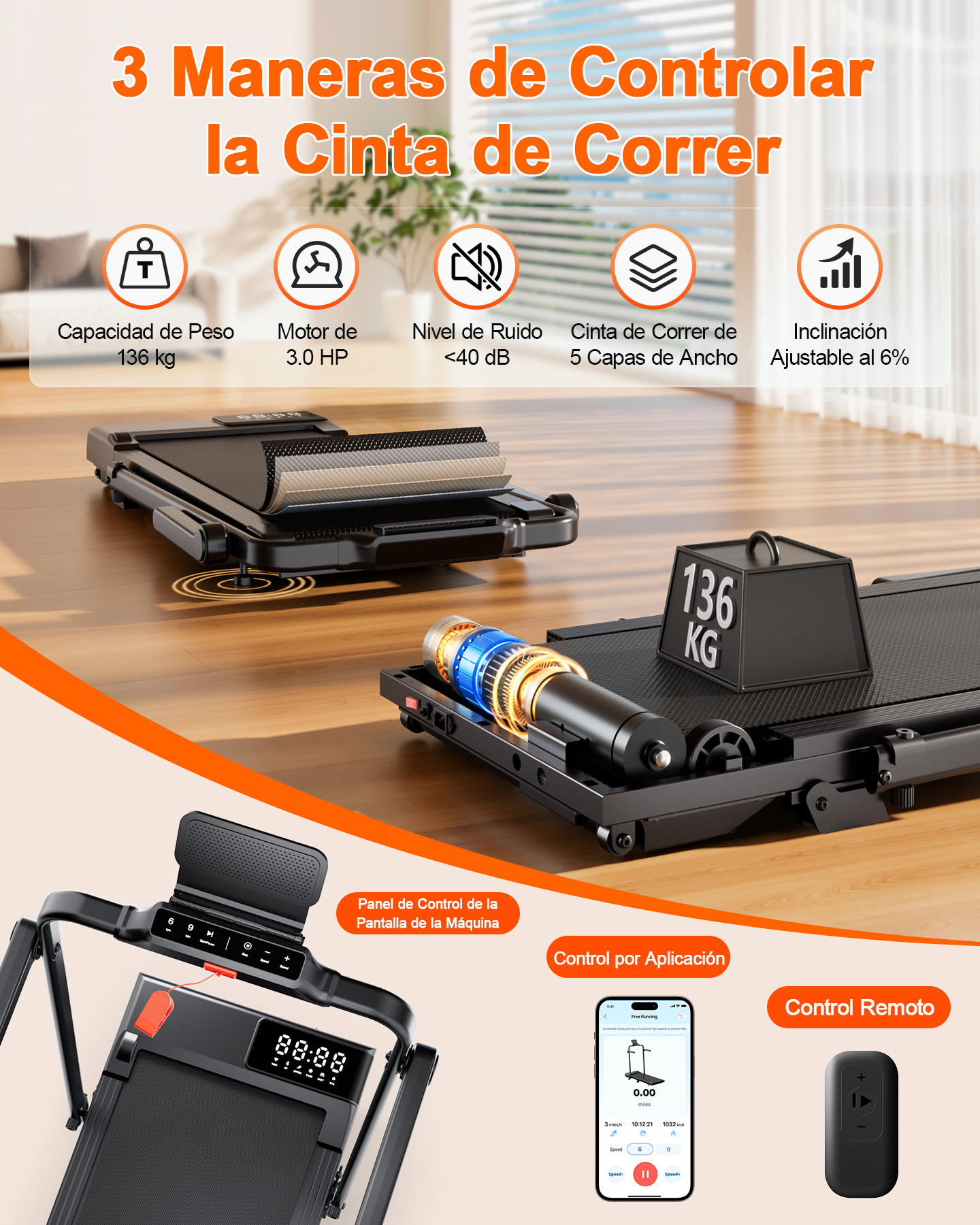 Infografía con características de la cinta: 136 kg de peso, motor de 3.0 HP, bajo ruido y tres métodos de control.