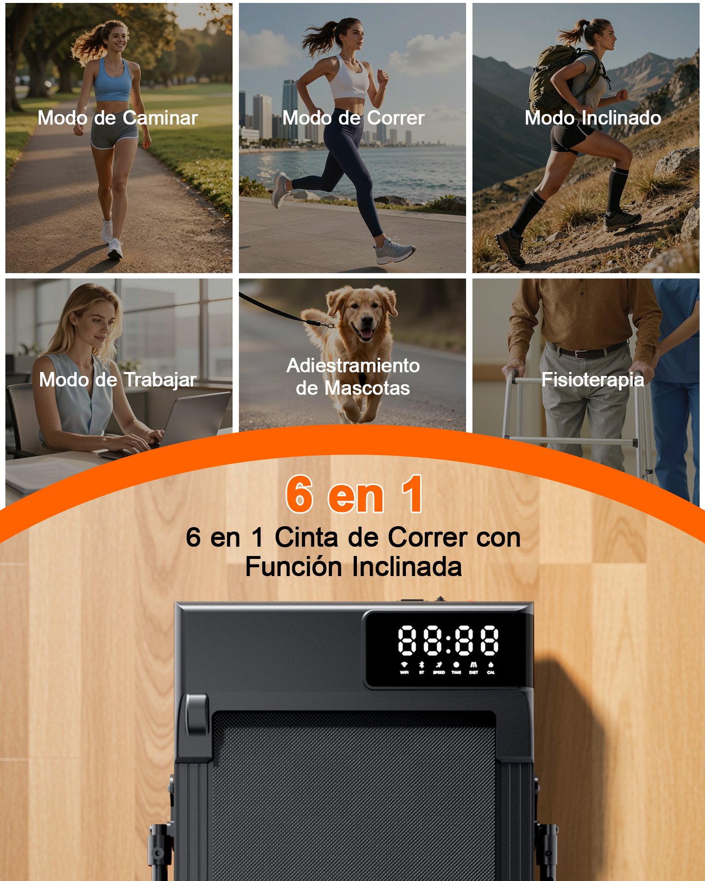 Cinta de correr 6 en 1 con modos para caminar, correr, inclinación, trabajar, mascotas y fisioterapia.