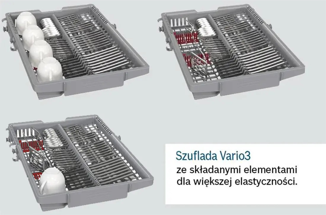Trzy widoki szarej szuflady na sztućce Vario3 ze składanymi elementami dla elastyczności.