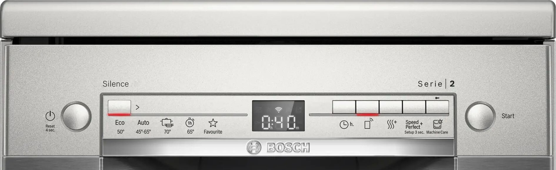 Panel sterowania srebrnej zmywarki Bosch Serie 2 z wyświetlaczami cyfrowymi, przyciskami i logo Bosch.
