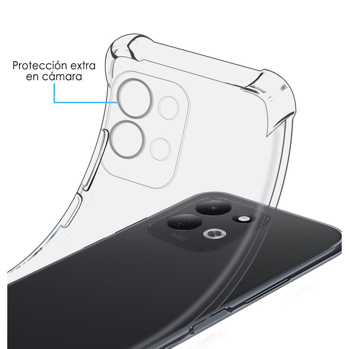 Fundas de silicona transparente en un teléfono negro, destacando la protección extra en la cámara.