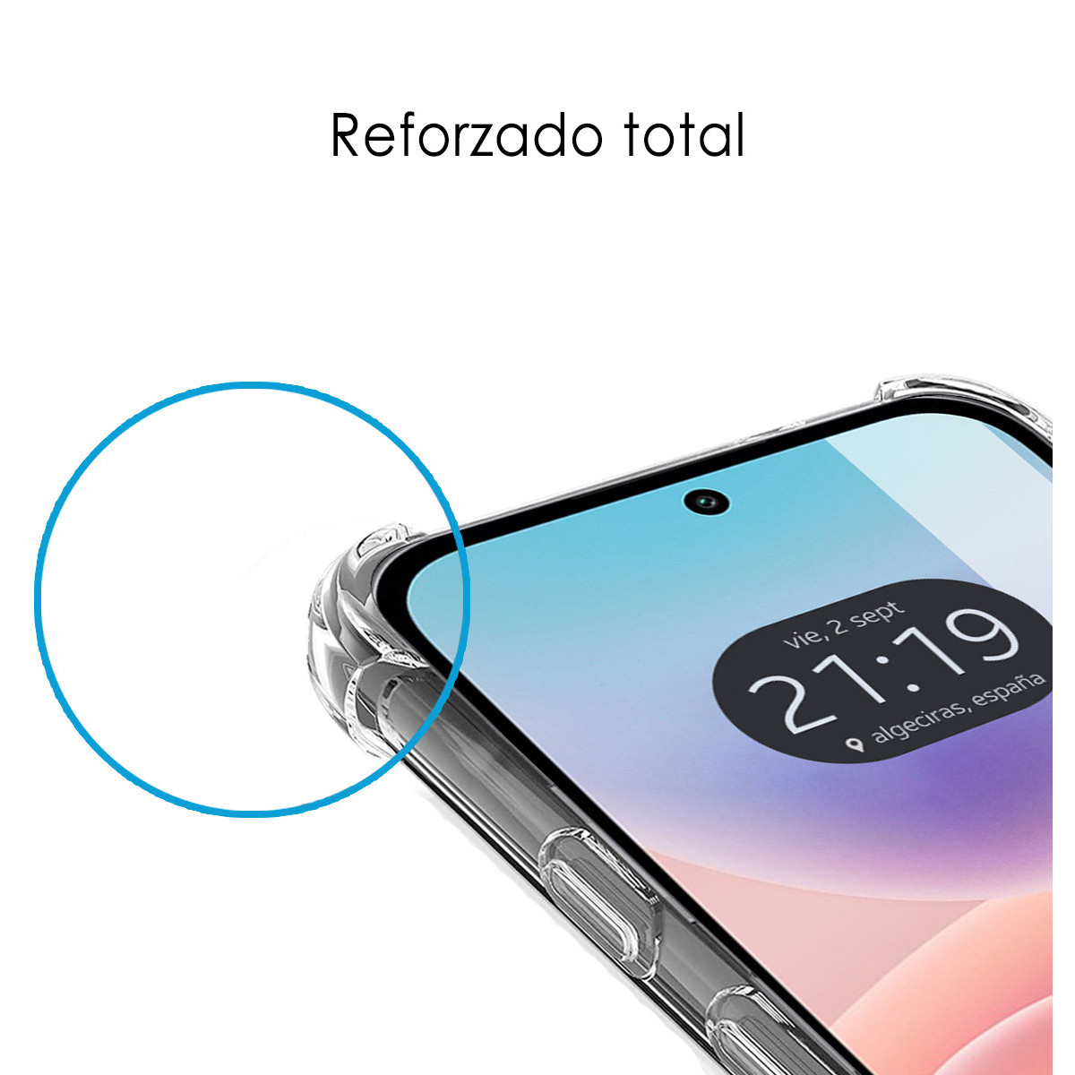Primer plano de la esquina de un smartphone con funda protectora y texto Reforzado total.