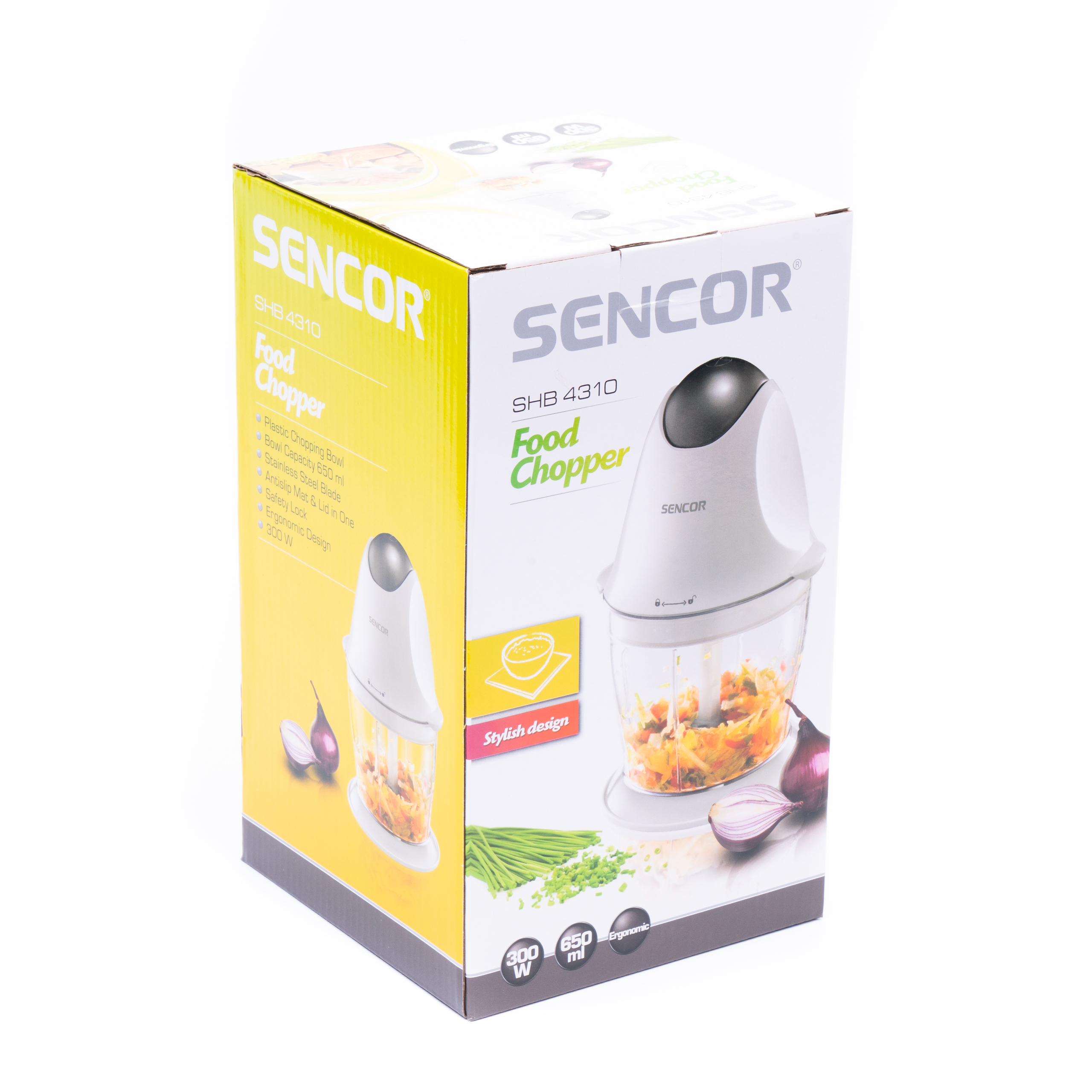 Eine Produktverpackung für einen Sencor Zerkleinerer mit weißem Gerät und Gemüse auf weißem Hintergrund.