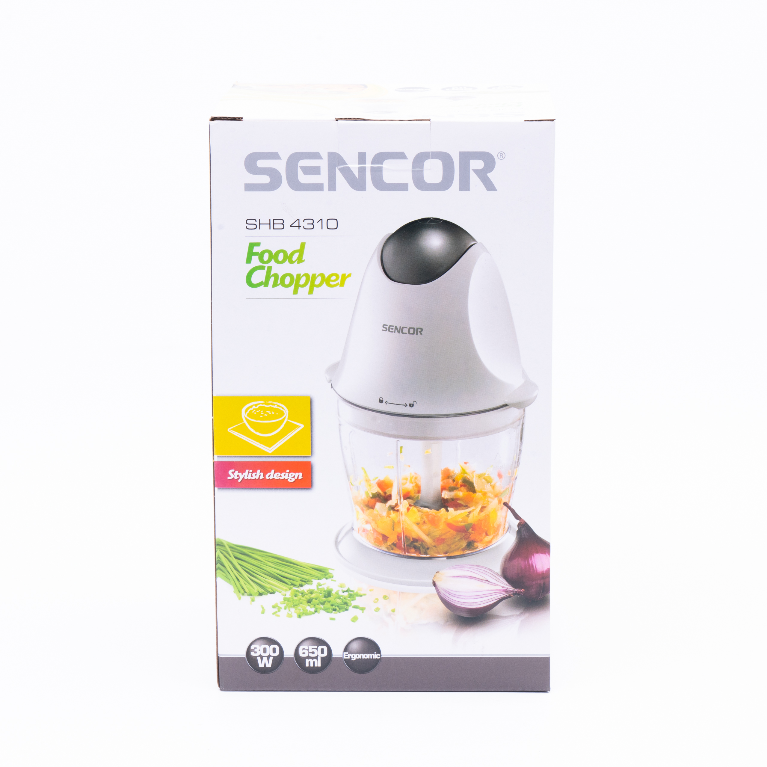 Verpackung für Sencor Zerkleinerer mit weißem Gerät, gehacktem Gemüse und Zwiebeln.