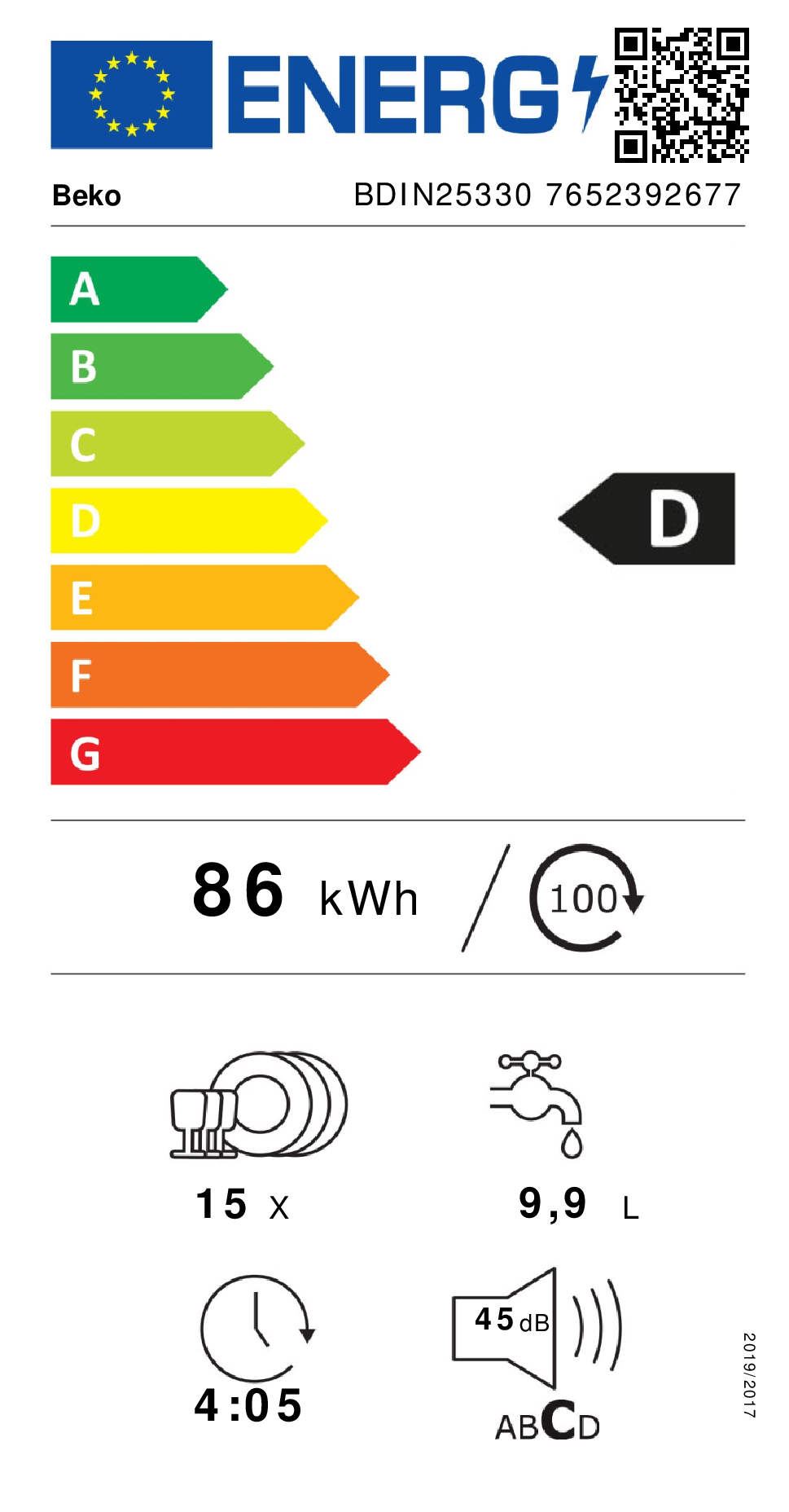 Etykieta energetyczna Beko klasa D, 86 kWh, 15 kompletów, 9,9 L, 4:05h, 45 dB.