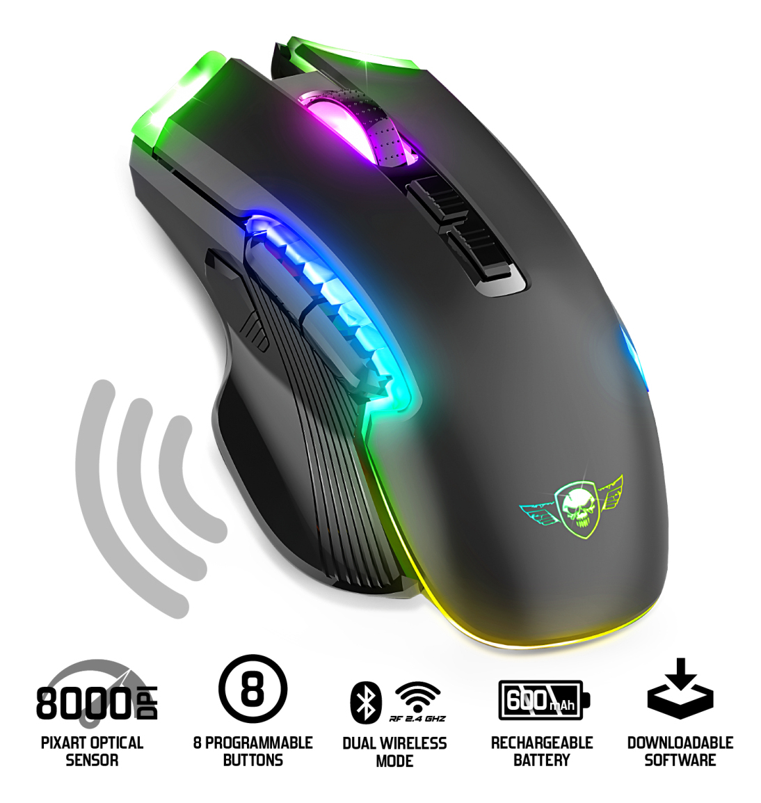 Schwarze Gaming-Maus mit RGB-Beleuchtung, drahtlosem Signal und Symbolen für Features wie 8000 DPI und Akku.