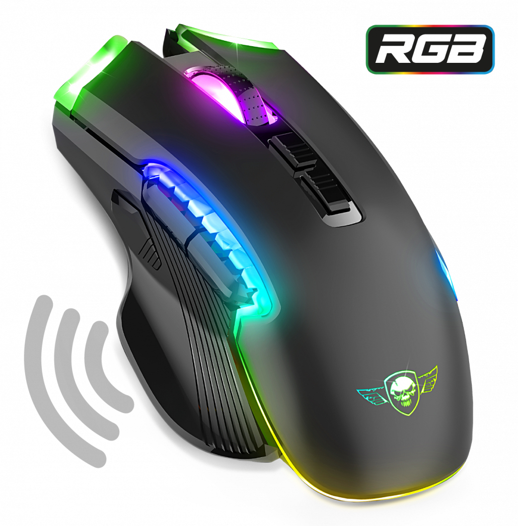 Eine schwarze kabellose Gaming-Maus mit RGB-Beleuchtung auf weißem Hintergrund mit Funksignal-Symbol.