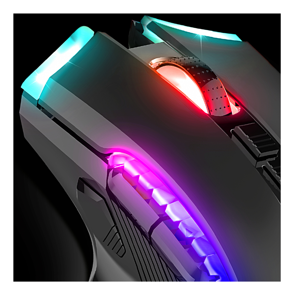 Eine schwarze Gaming-Maus mit leuchtenden LED-Akzenten in Blau, Rot und Lila auf schwarzem Hintergrund.