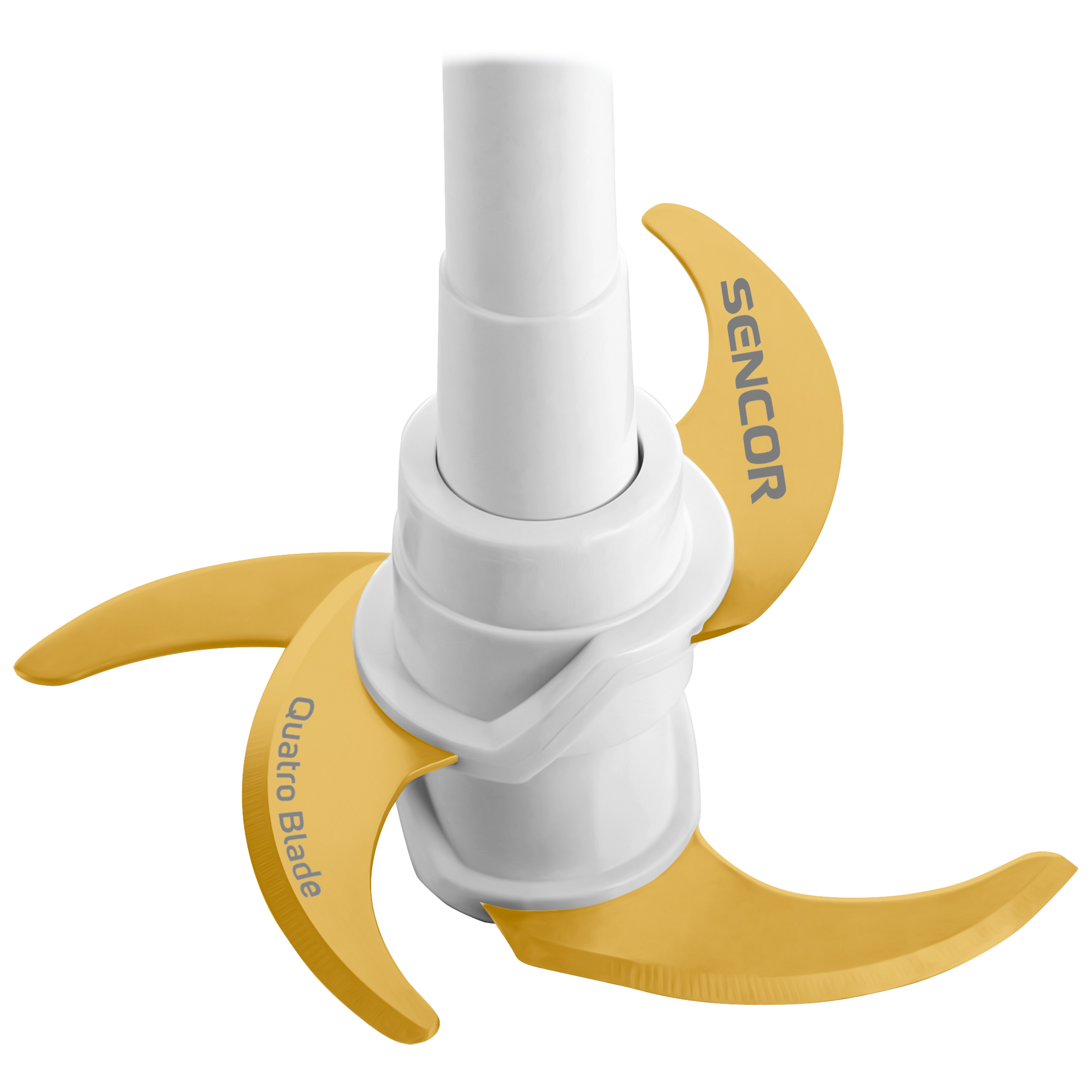 Ein weißer Sencor Quatro Blade Mixeraufsatz mit gelben Klingen auf weißem Hintergrund.