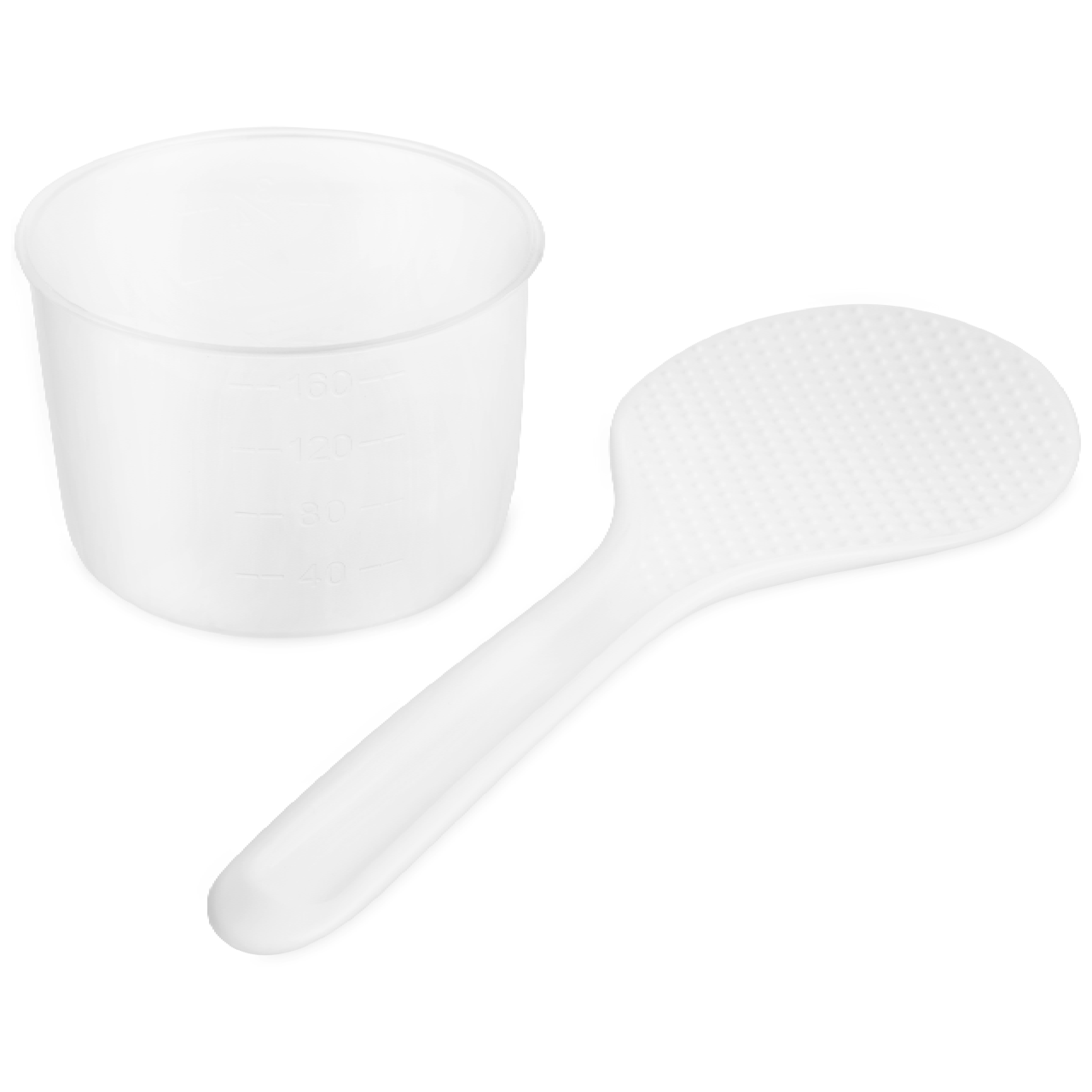 Un cucchiaio per riso bianco e un misurino trasparente su sfondo bianco.