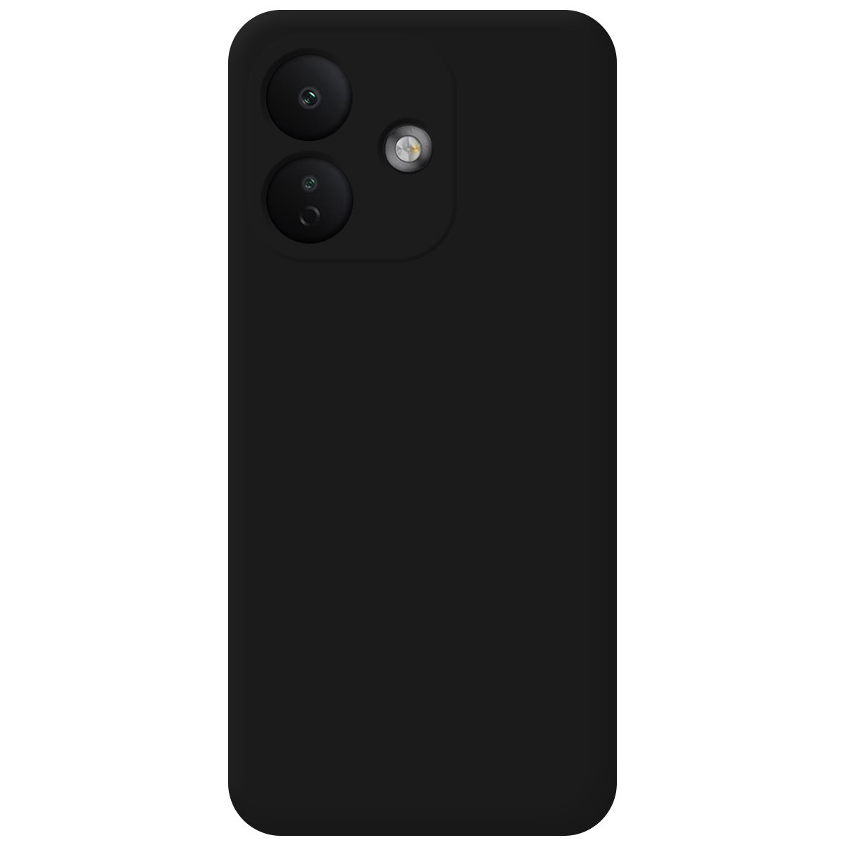 Parte trasera de un smartphone negro con doble cámara y flash en la esquina superior izquierda sobre fondo blanco.