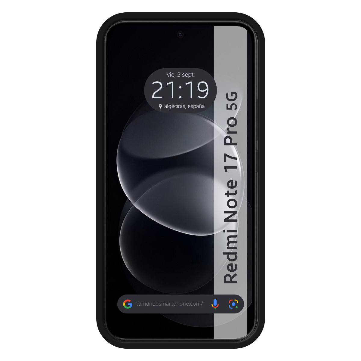 Vista frontal del smartphone Redmi Note 17 Pro 5G con fondo negro y widget de hora.