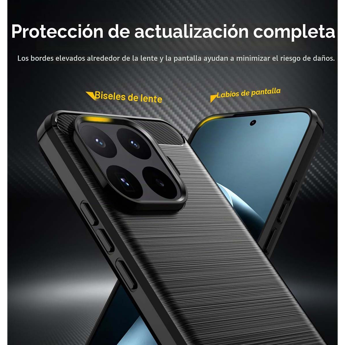 Funda protectora negra con bordes elevados alrededor de la cámara y pantalla.