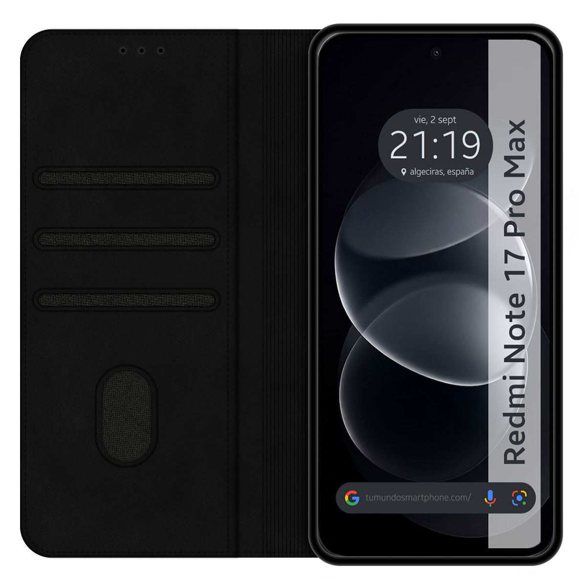 Una funda con tapa negra abierta con tarjeteros a la izquierda y un teléfono inteligente a la derecha.