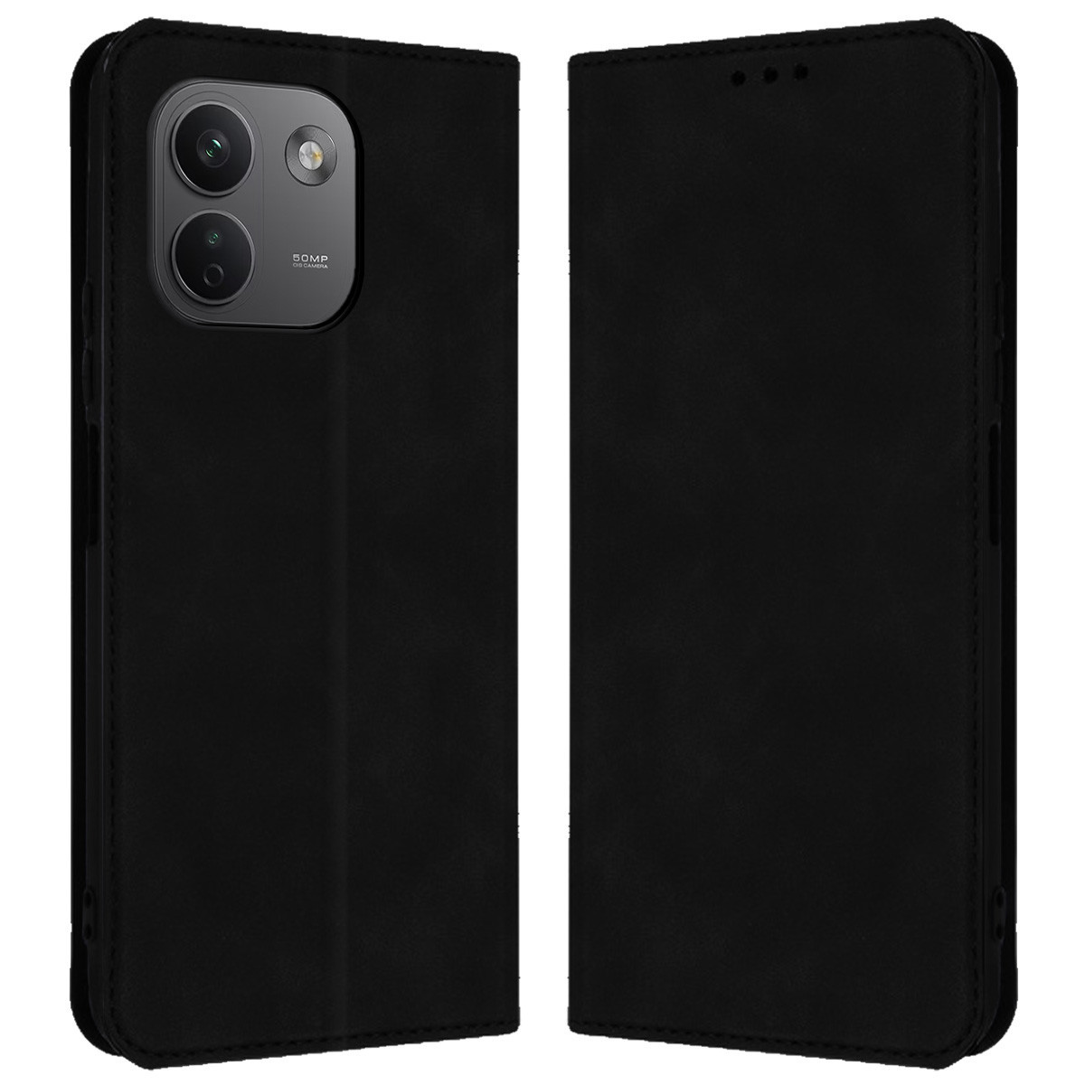 Funda de móvil tipo libro negra con abertura para la cámara.