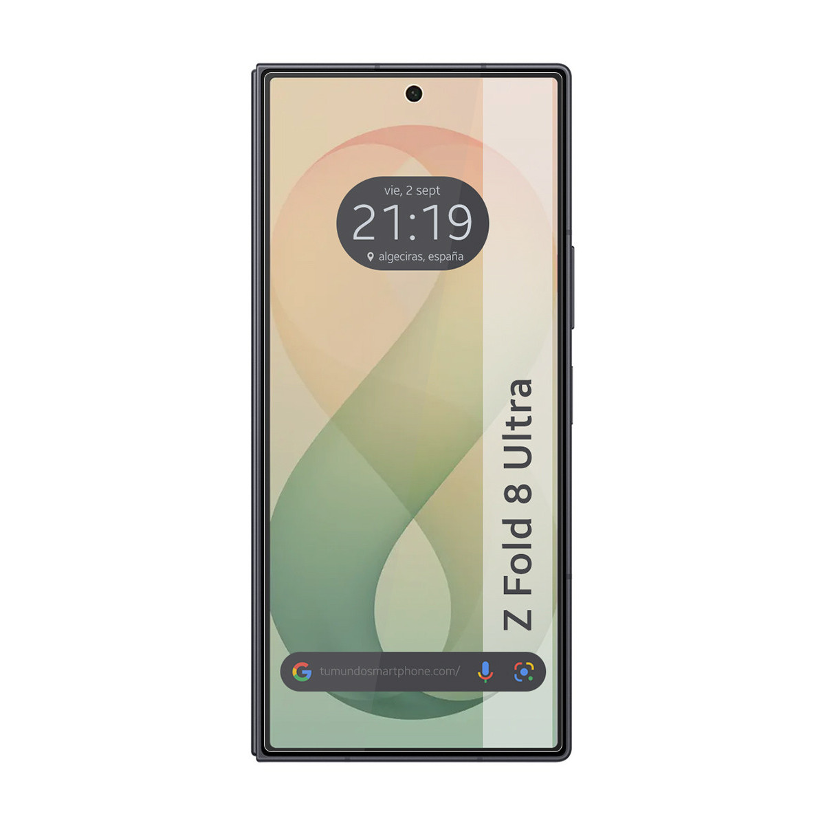 Smartphone con widget de reloj digital, fondo de pantalla abstracto y texto Z Fold 8 Ultra.