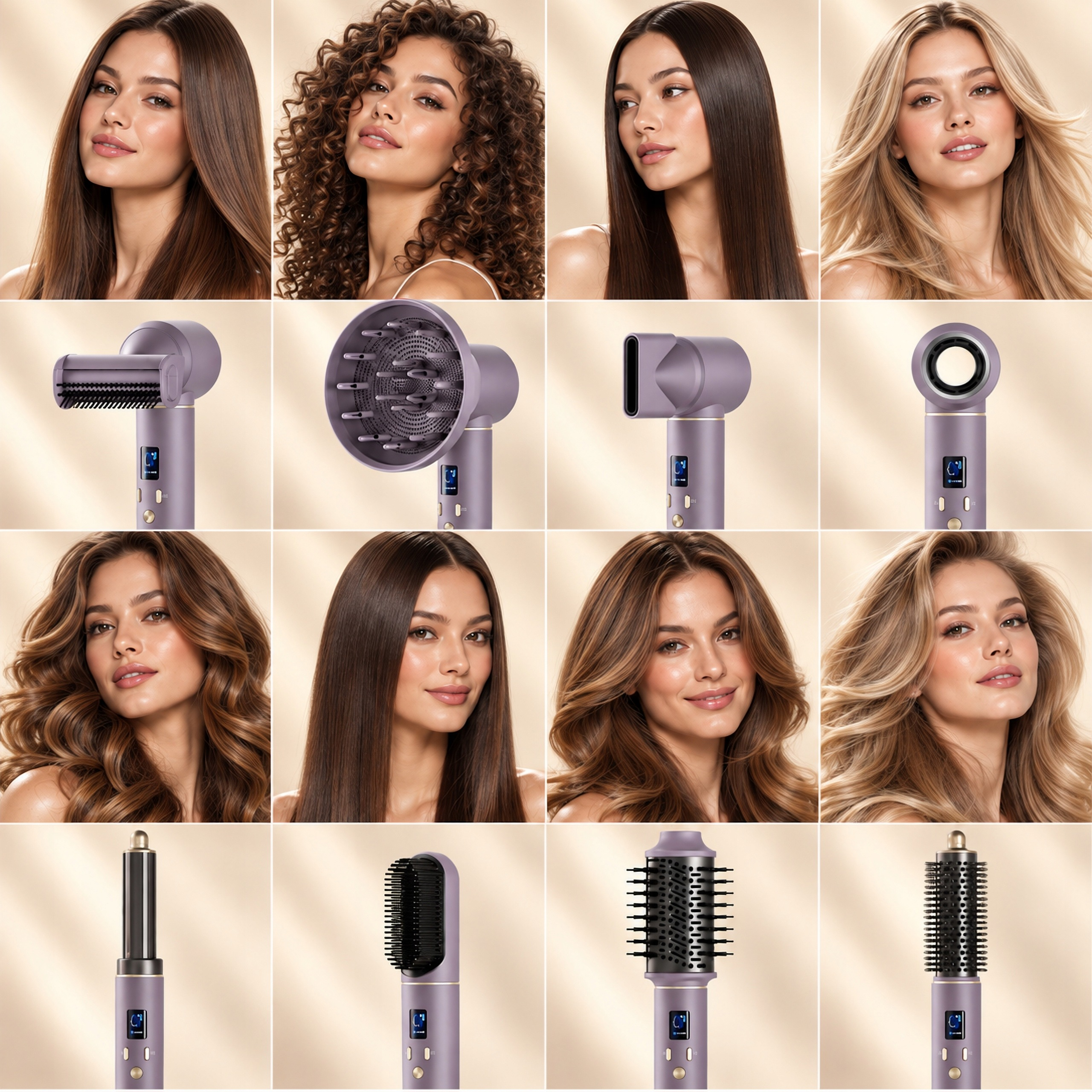 Collage che mostra donne con varie acconciature abbinate a diversi accessori viola per lo styling dei capelli.