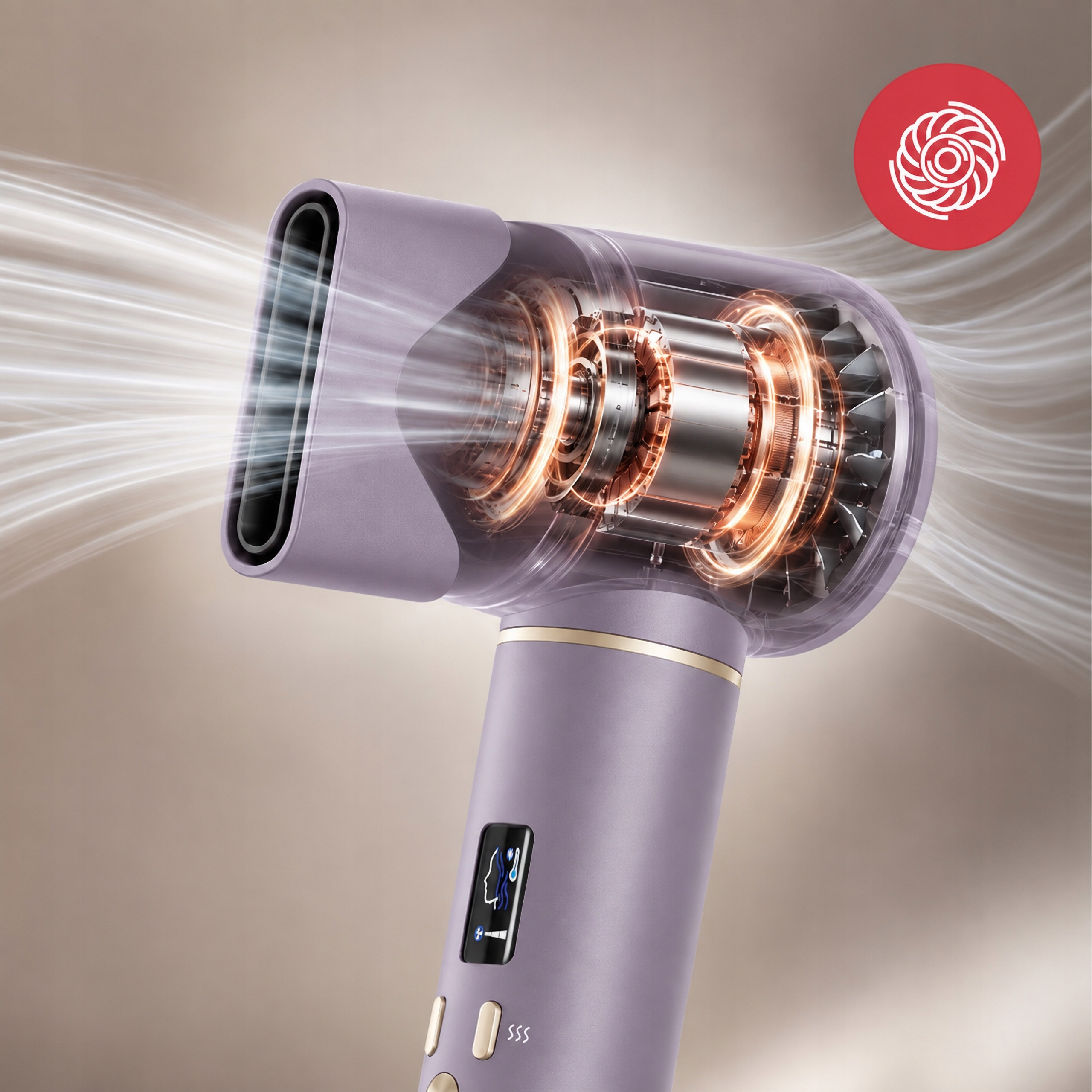 Asciugacapelli viola trasparente con motore interno visibile e flusso d'aria su sfondo marrone.