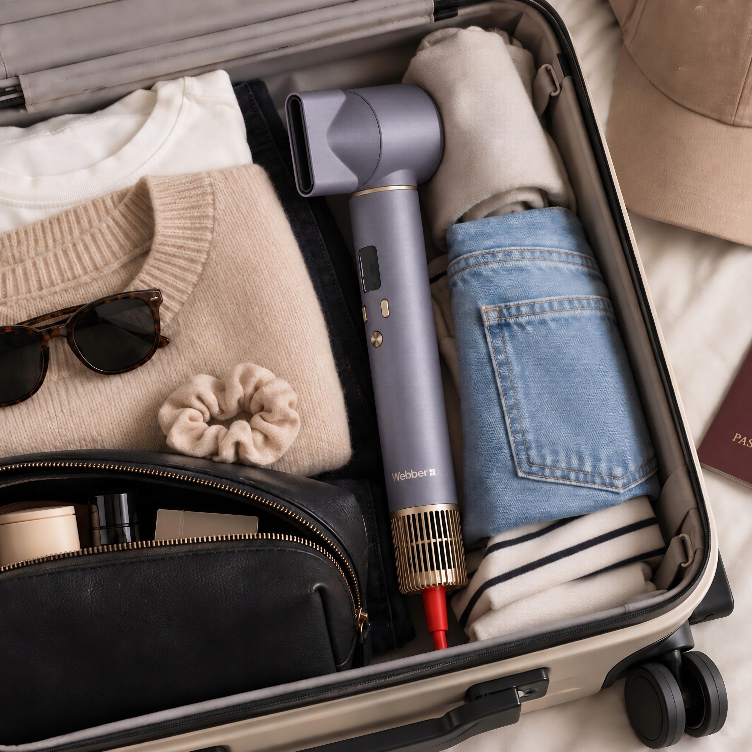 Una valigia aperta piena di vestiti, occhiali da sole, trousse e uno styler per capelli.