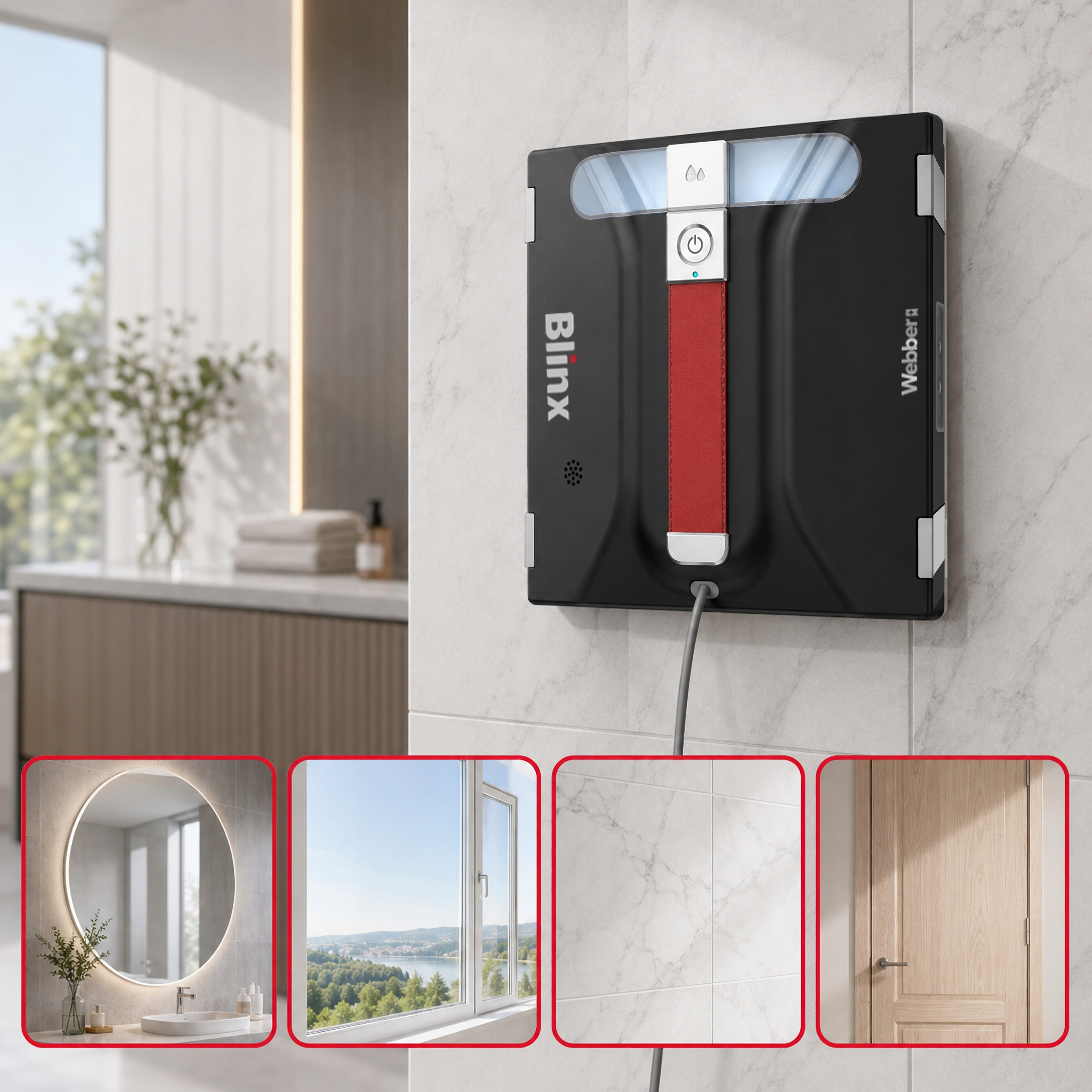 Ein schwarzer Blinx-Fensterputzroboter an einer hellen Marmorwand, unten vier kleine Ansichten von Einsatzbereichen.