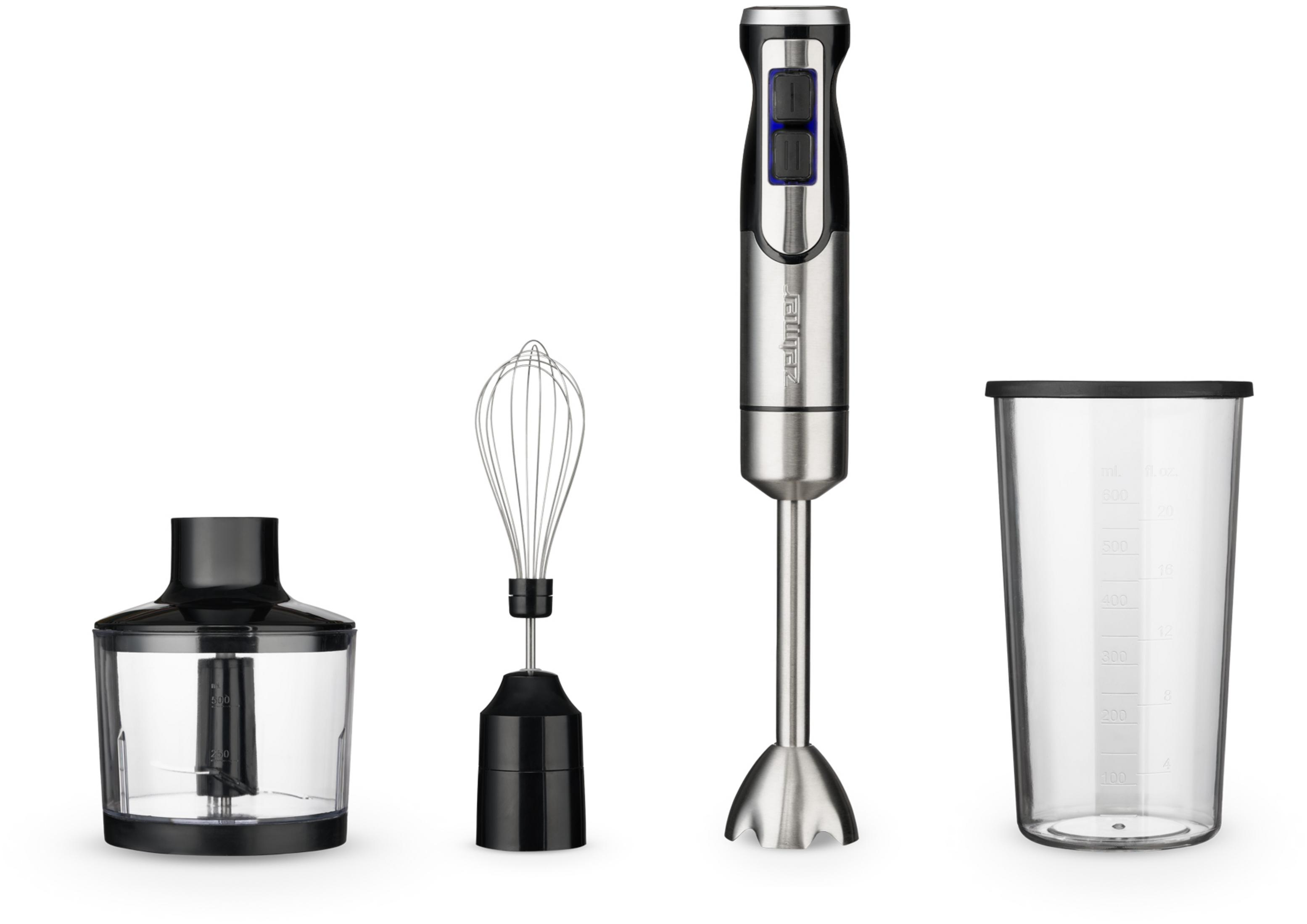 Blender ręczny ze stali nierdzewnej z rozdrabniaczem, trzepaczką i miarką.