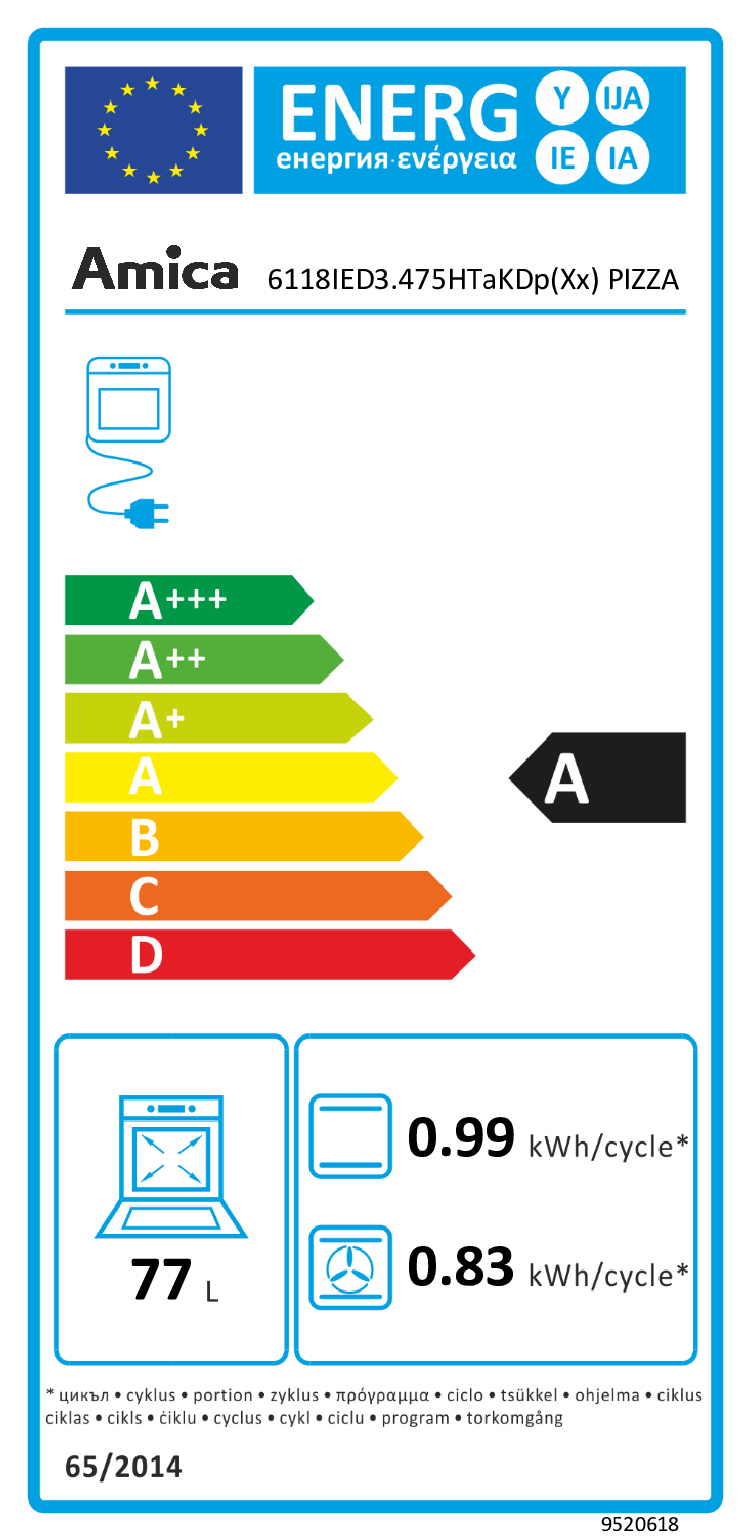 Etykieta energetyczna Amica z klasą A, pojemnością 77L i zużyciem 0,99 oraz 0,83 kWh na cykl.
