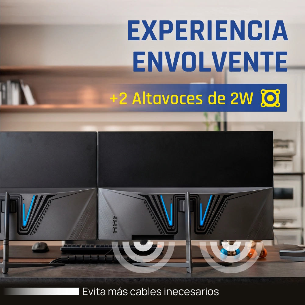 Dos monitores con iluminación azul en los soportes traseros y texto en español sobre sonido envolvente.