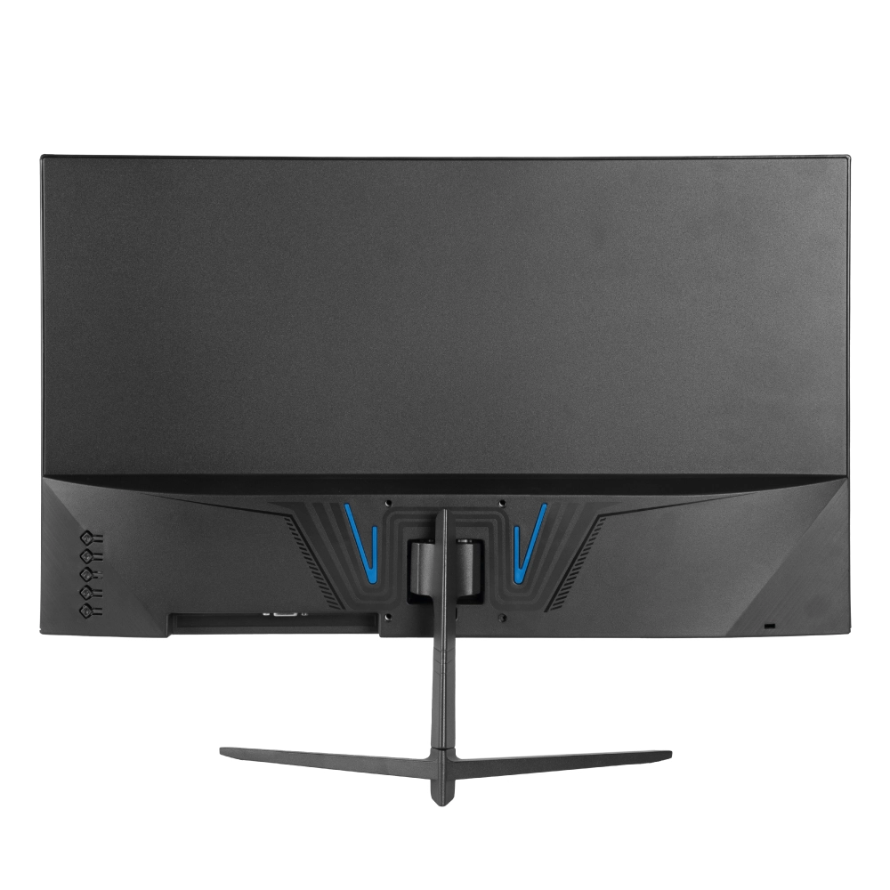 Vista trasera de un monitor de computadora negro con soporte sobre fondo blanco.