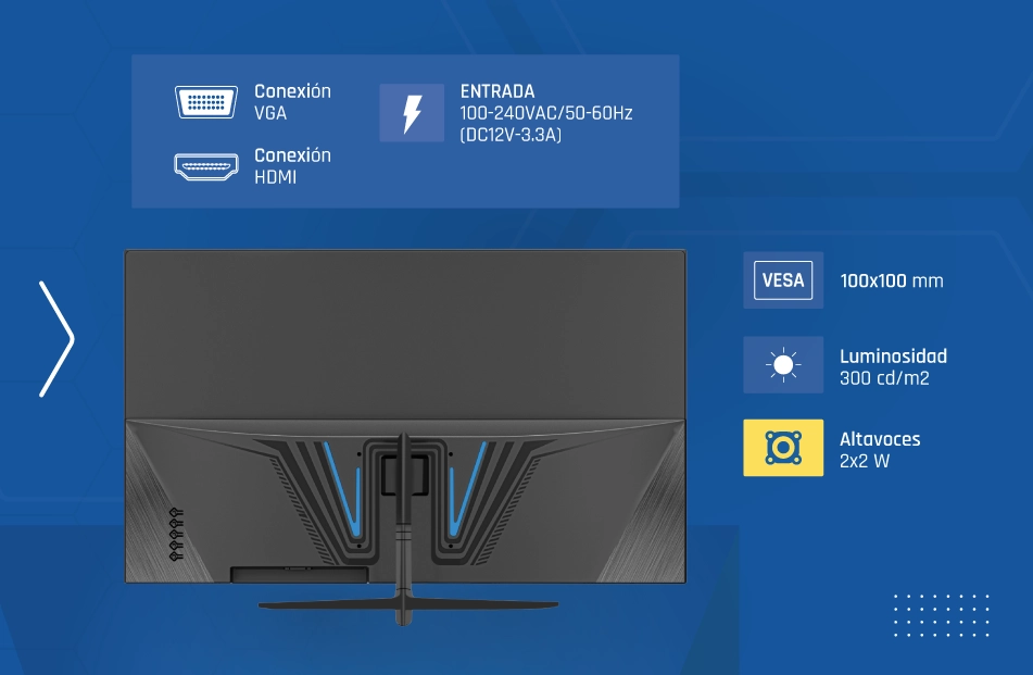Vista trasera de un monitor con puertos VGA y HDMI, y especificaciones técnicas sobre fondo azul.