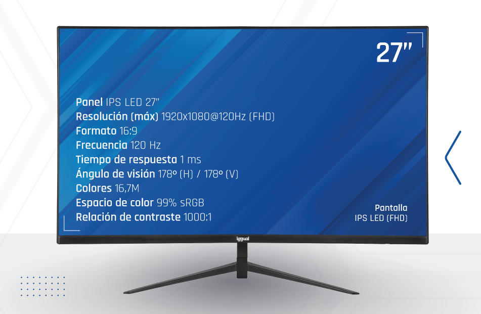 Un monitor de 27 pulgadas que muestra especificaciones técnicas en una pantalla azul.