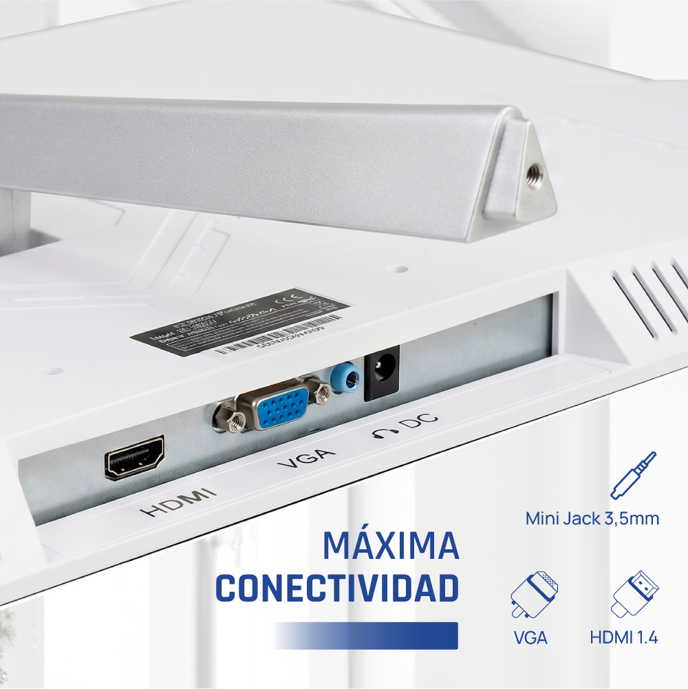 Parte posterior de un monitor blanco con puertos HDMI, VGA, audio y corriente, etiquetado con 'Máxima Conectividad'.