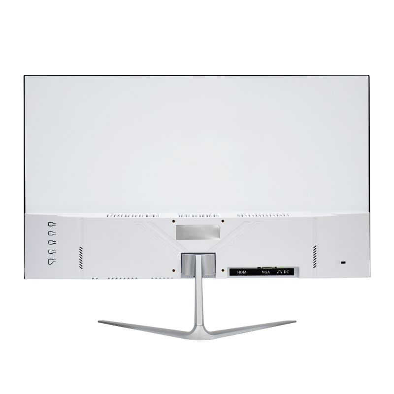 Vista trasera de un monitor de computadora blanco con soporte plateado y puertos visibles sobre fondo blanco.