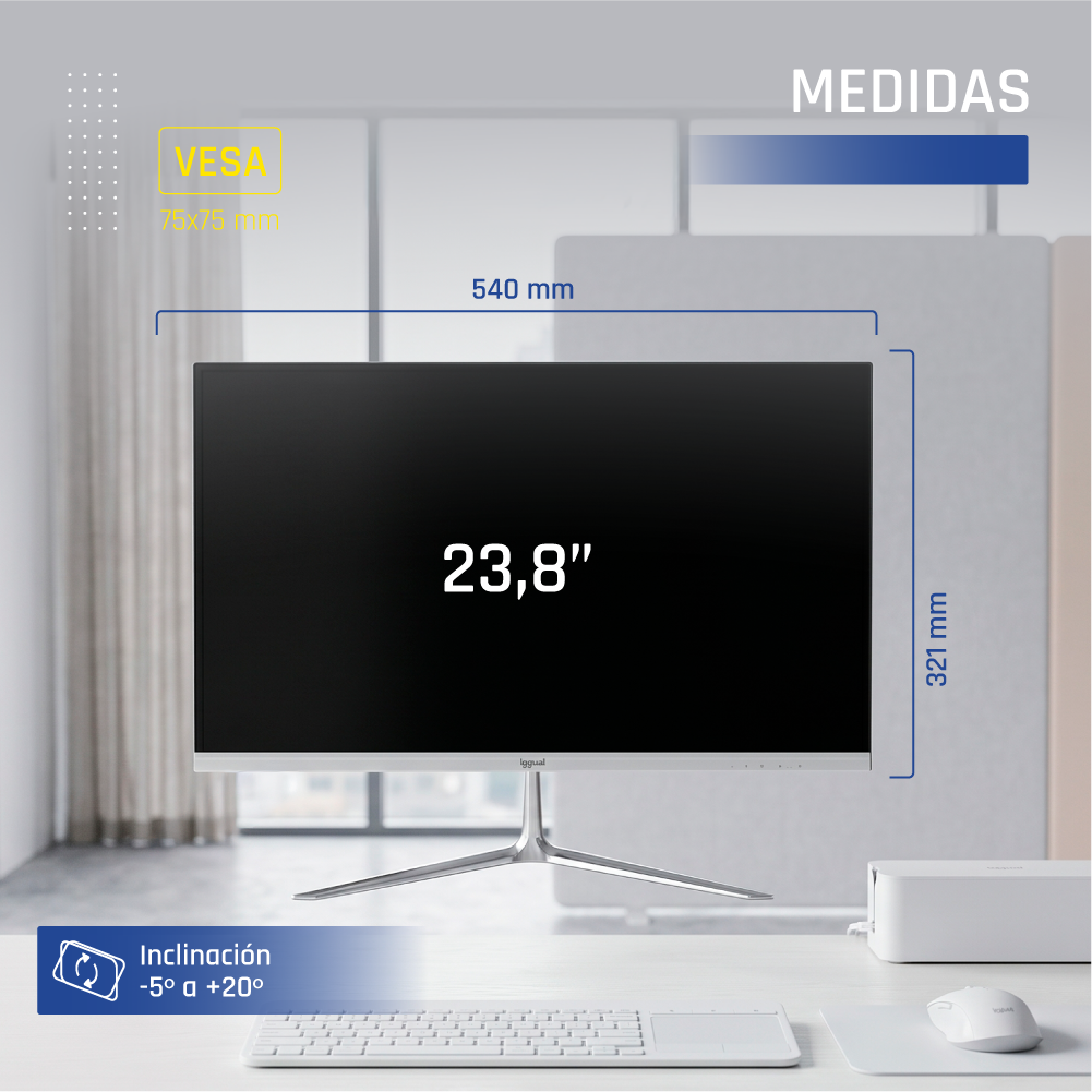 Monitor con medidas, VESA 75x75, pantalla de 23,8 pulgadas e inclinación de -5° a +20°.