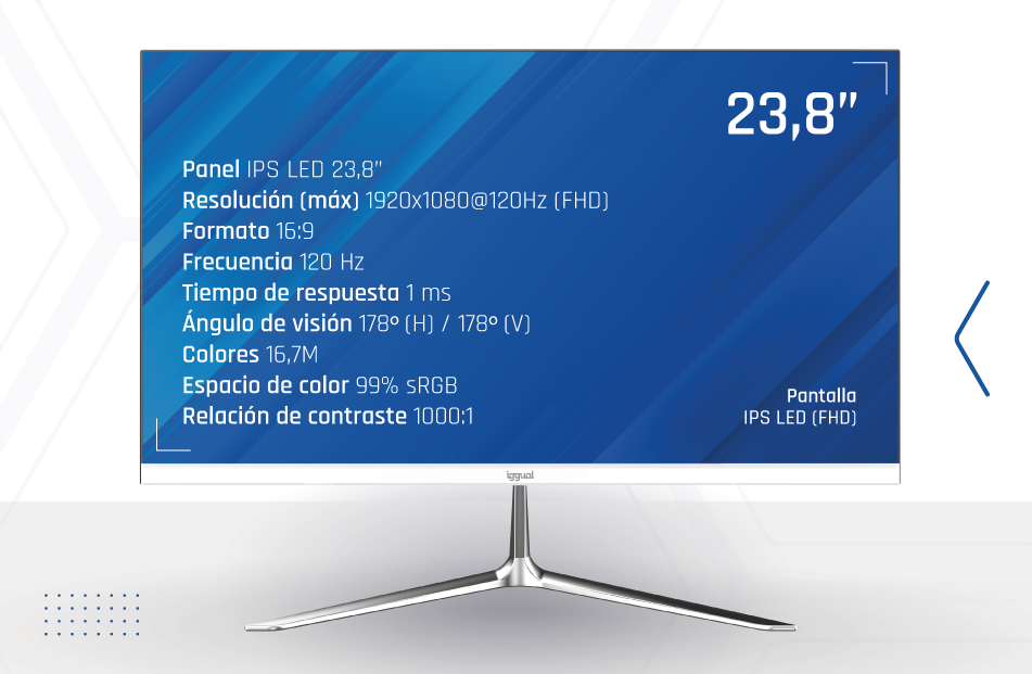 Un monitor IPS LED de 23.8 pulgadas con especificaciones como resolución FHD, 120Hz y base plateada.