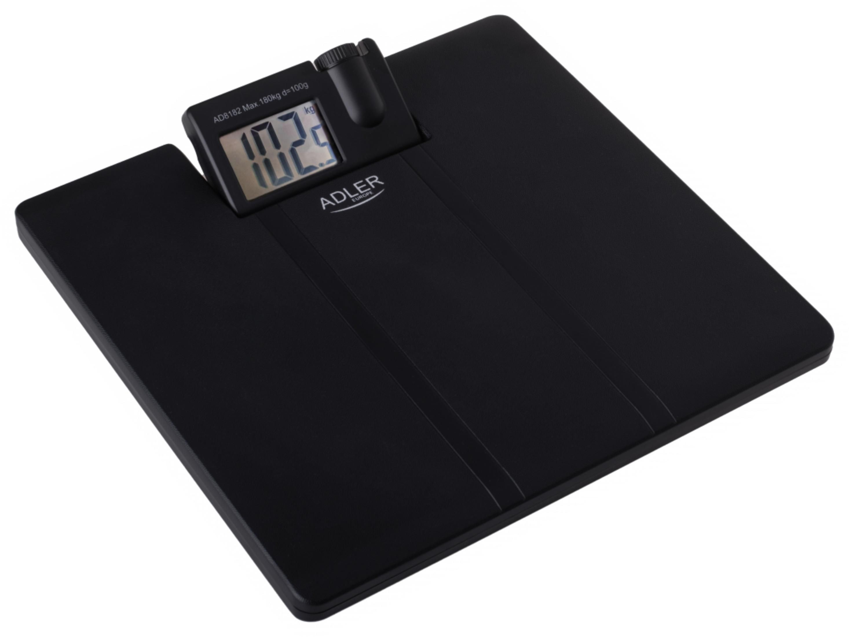 Czarna cyfrowa waga łazienkowa marki Adler z wyświetlaczem pokazującym 107,5 kg.
