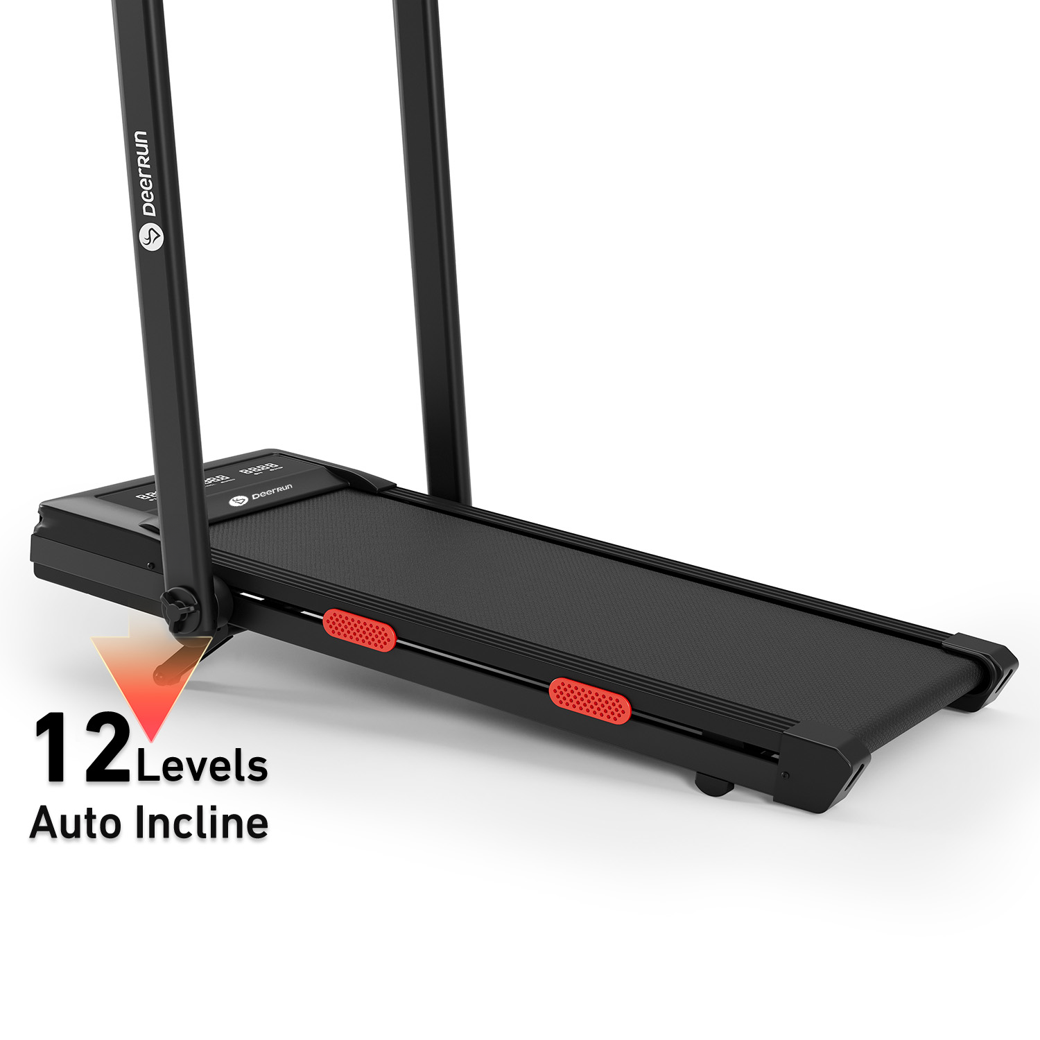 Una caminadora negra con barras verticales y el texto 12 Levels Auto Incline.
