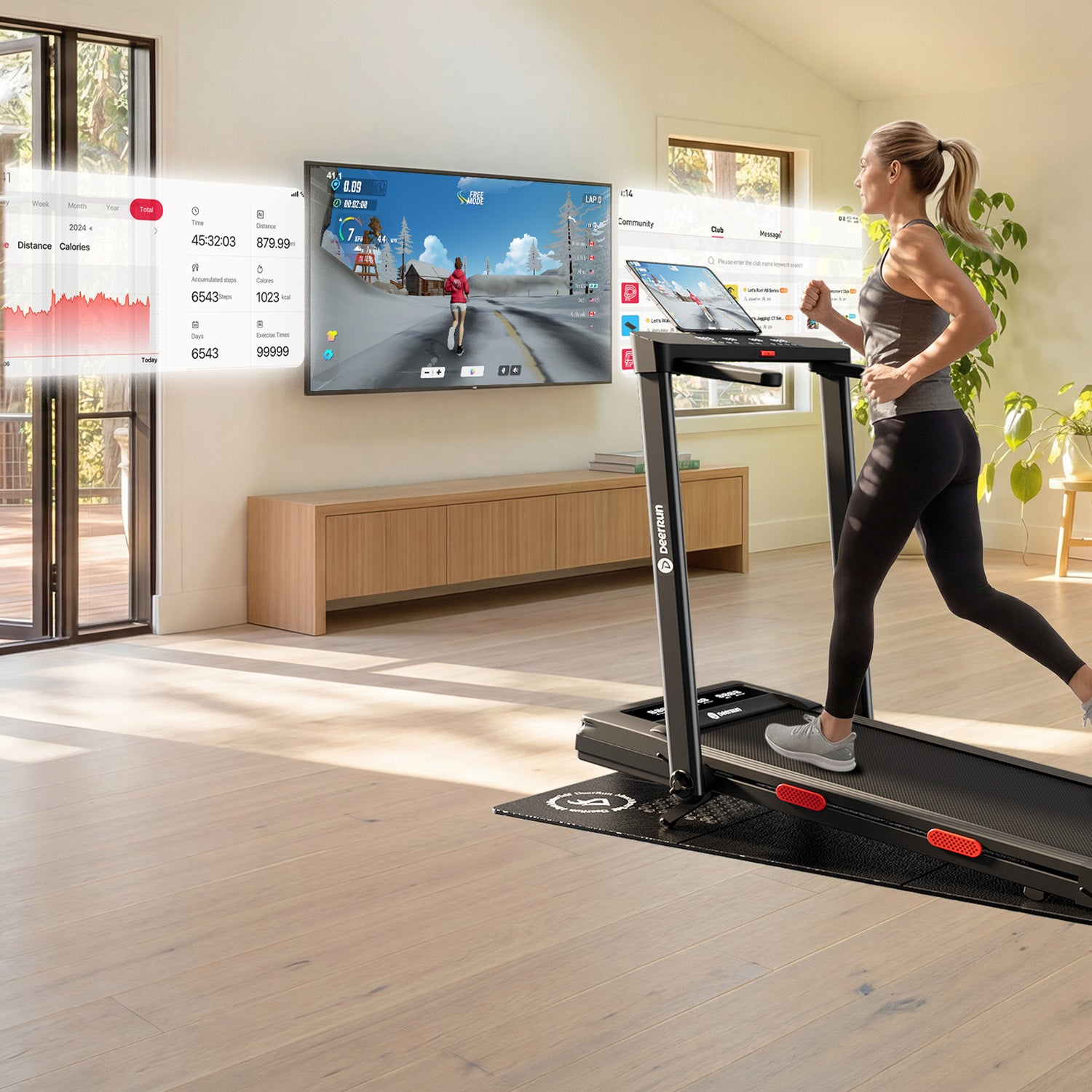 Una mujer rubia corre en una caminadora en una sala soleada, frente a un televisor con simulación invernal.