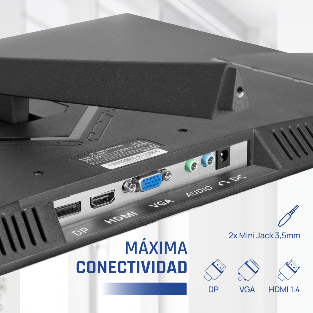 Primer plano del panel trasero del monitor con puertos DP, HDMI, VGA, audio y DC.