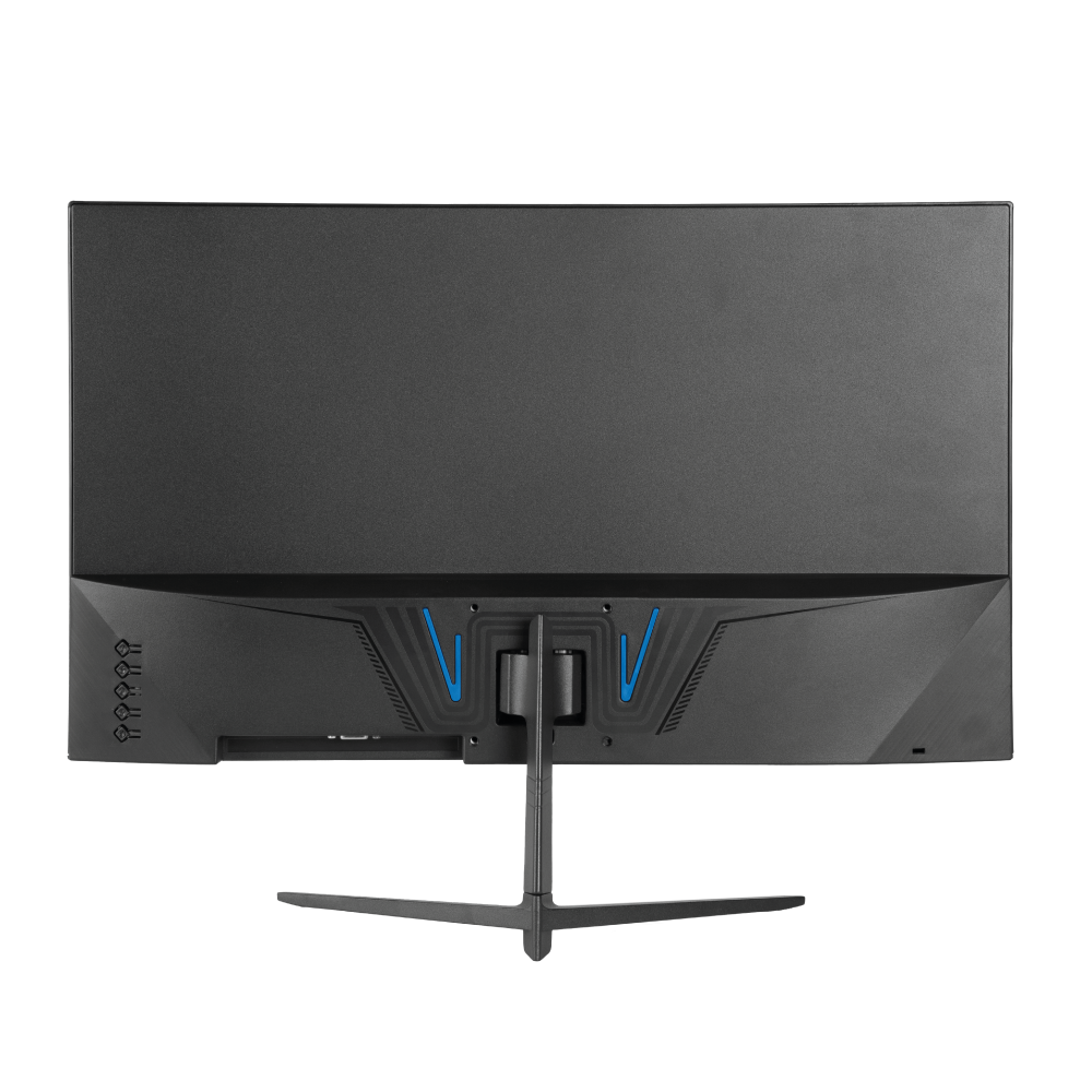 Parte trasera de un monitor negro con soporte y detalles azules sobre fondo blanco.