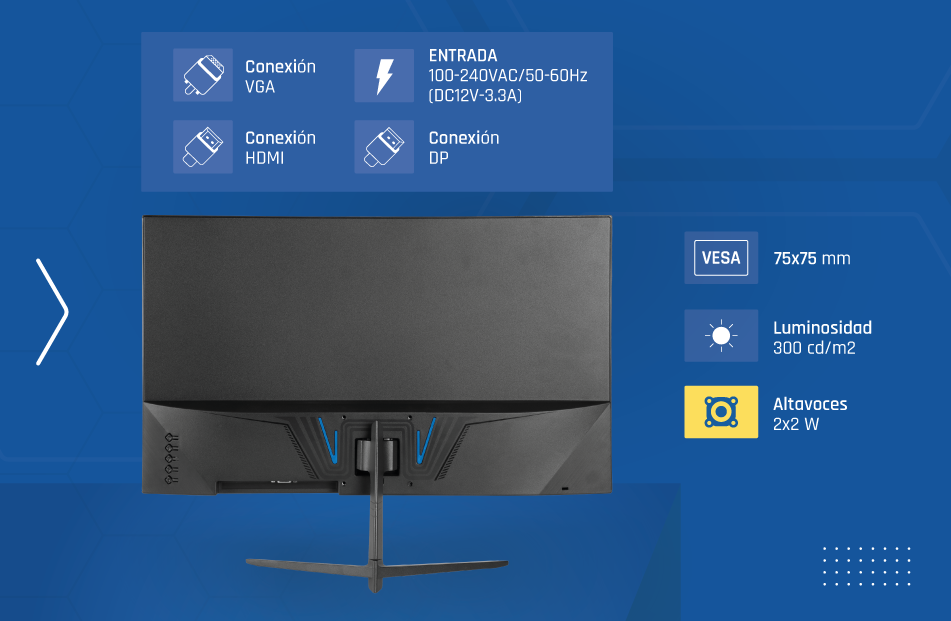 Vista trasera de un monitor negro con iconos que muestran puertos, soporte VESA, brillo y altavoces.
