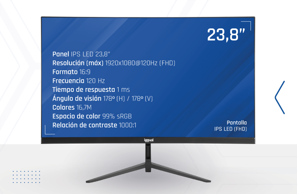 Un monitor negro en un soporte que muestra pantalla azul con especificaciones técnicas.