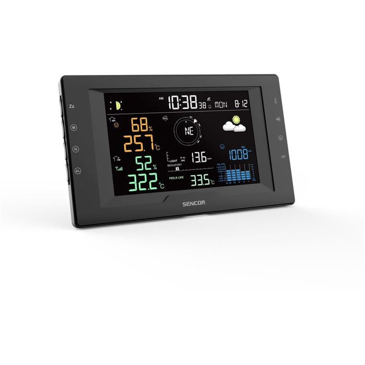 Eine schwarze digitale Sencor-Wetterstation zeigt Uhrzeit, Temperatur, Luftfeuchtigkeit und Symbole.