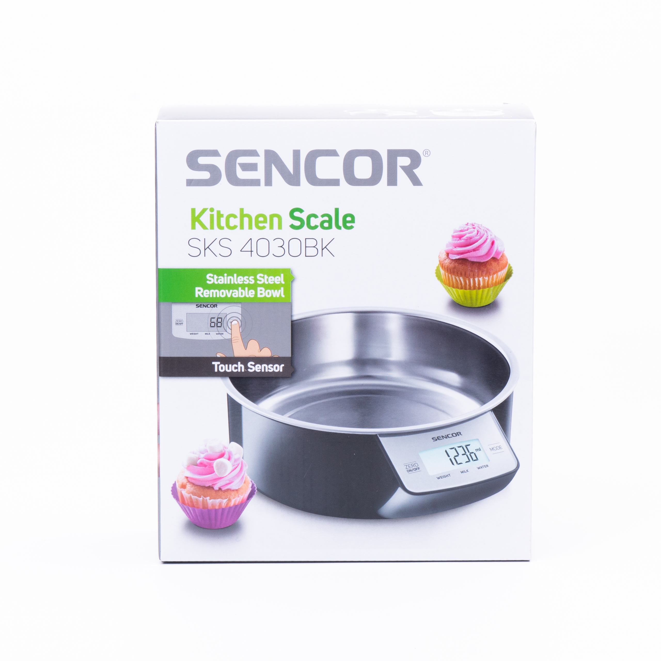 Caja de producto de una báscula de cocina Sencor SKS 4030BK con bol de acero inoxidable y cupcakes.